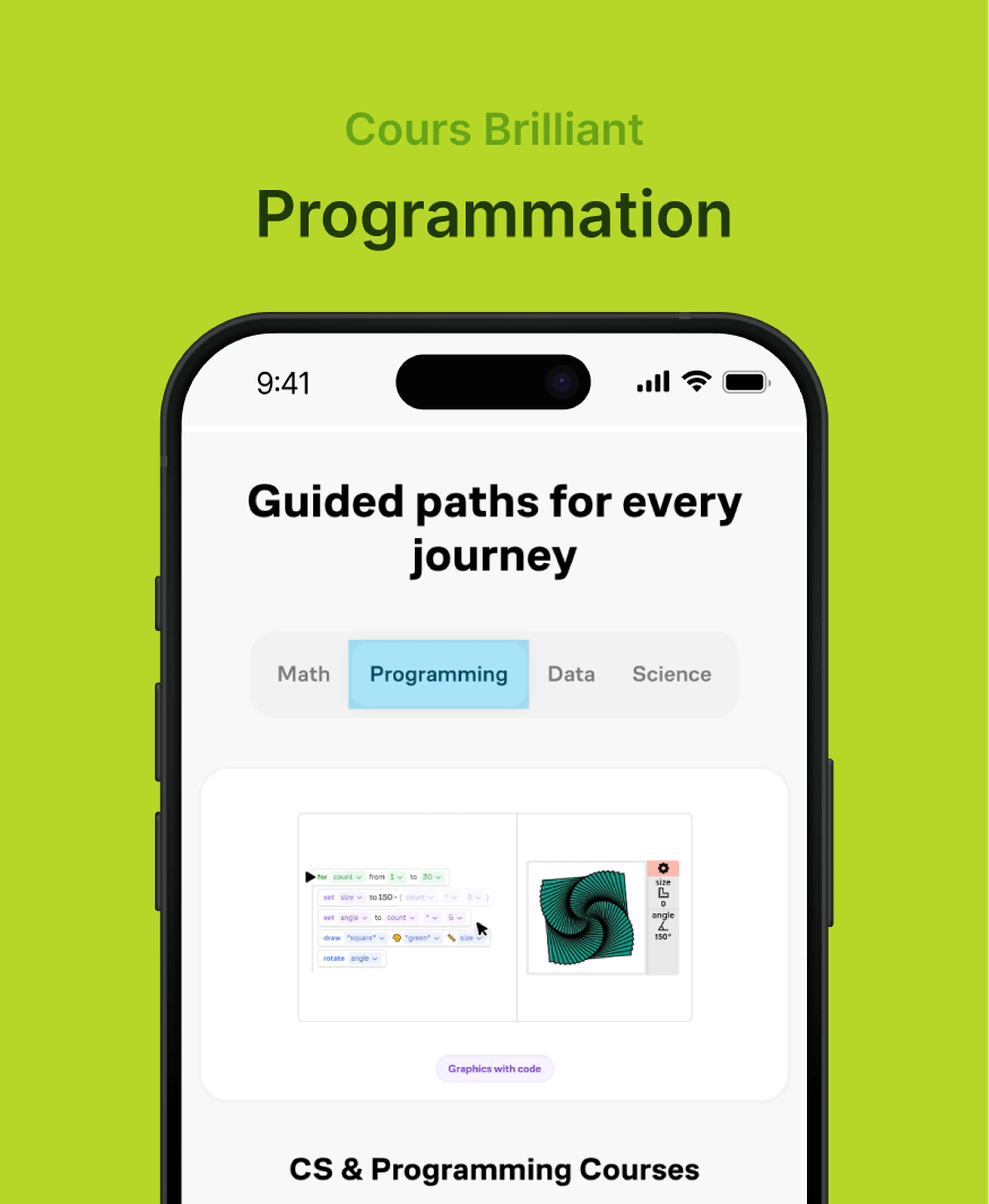 Application Brilliant affichant un cours de programmation avec des blocs de code générant un graphique en spirale vert, aidant à évaluer si Brilliant vaut le coup, sur fond vert vif