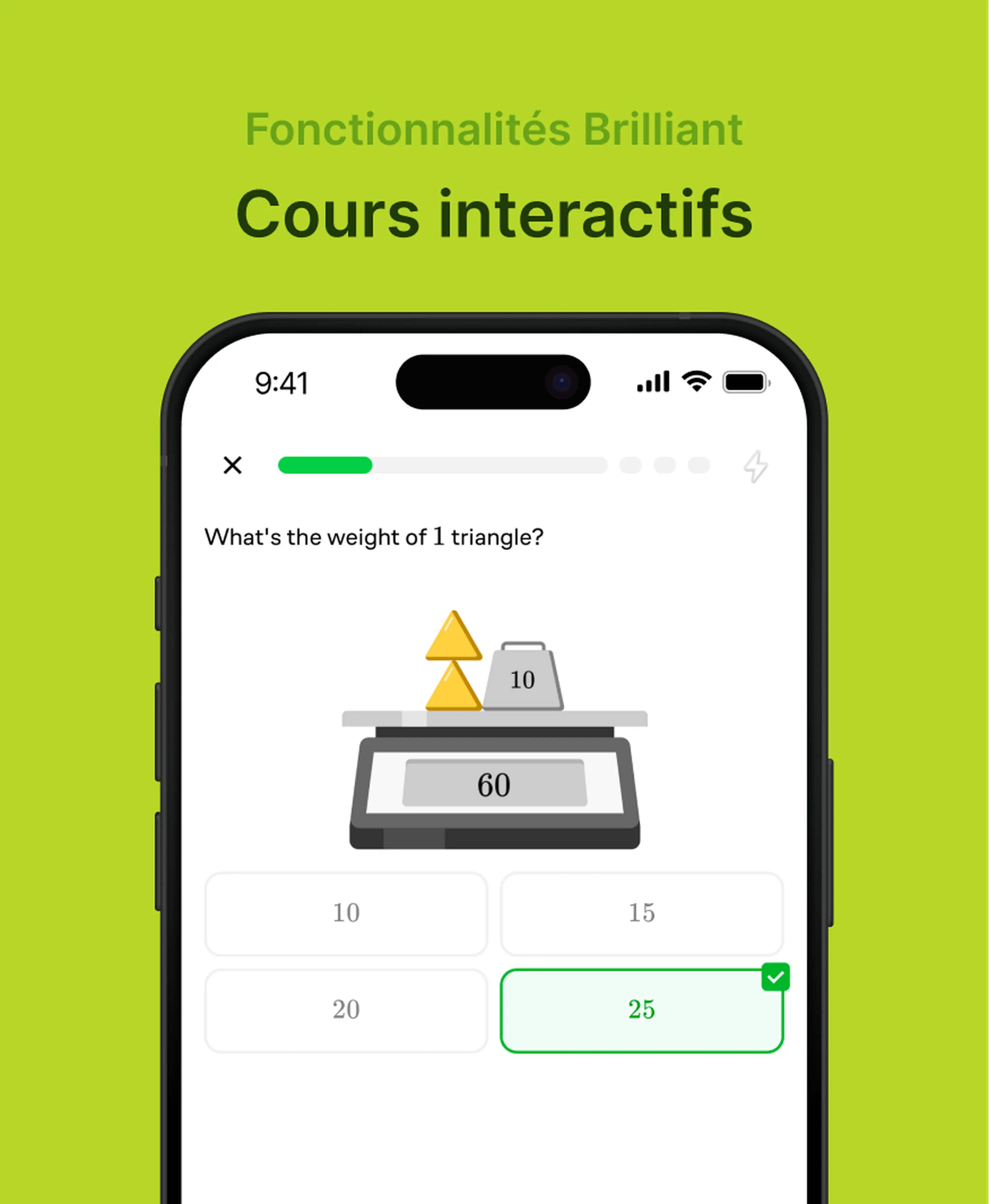 Cours interactifs de l'application Brilliant sur smartphone montrant un exercice de mathématiques avec une balance et des triangles pour aider à décider si Brilliant vaut le coup