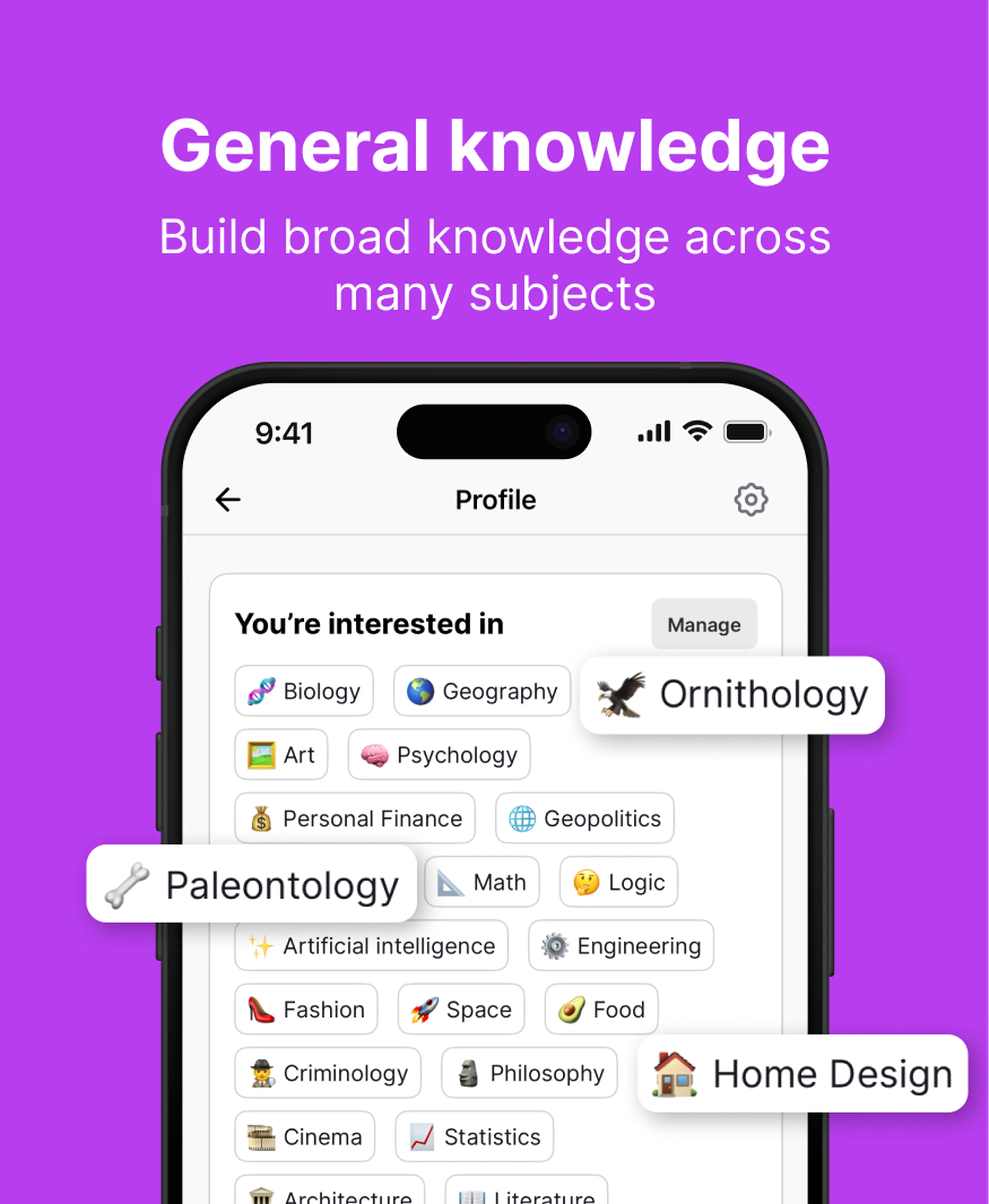 Nibble app Profile screen on a purple background showing general knowledge interest topics like Biology, Ornithology, Paleontology and Home Design under a You're interested in section