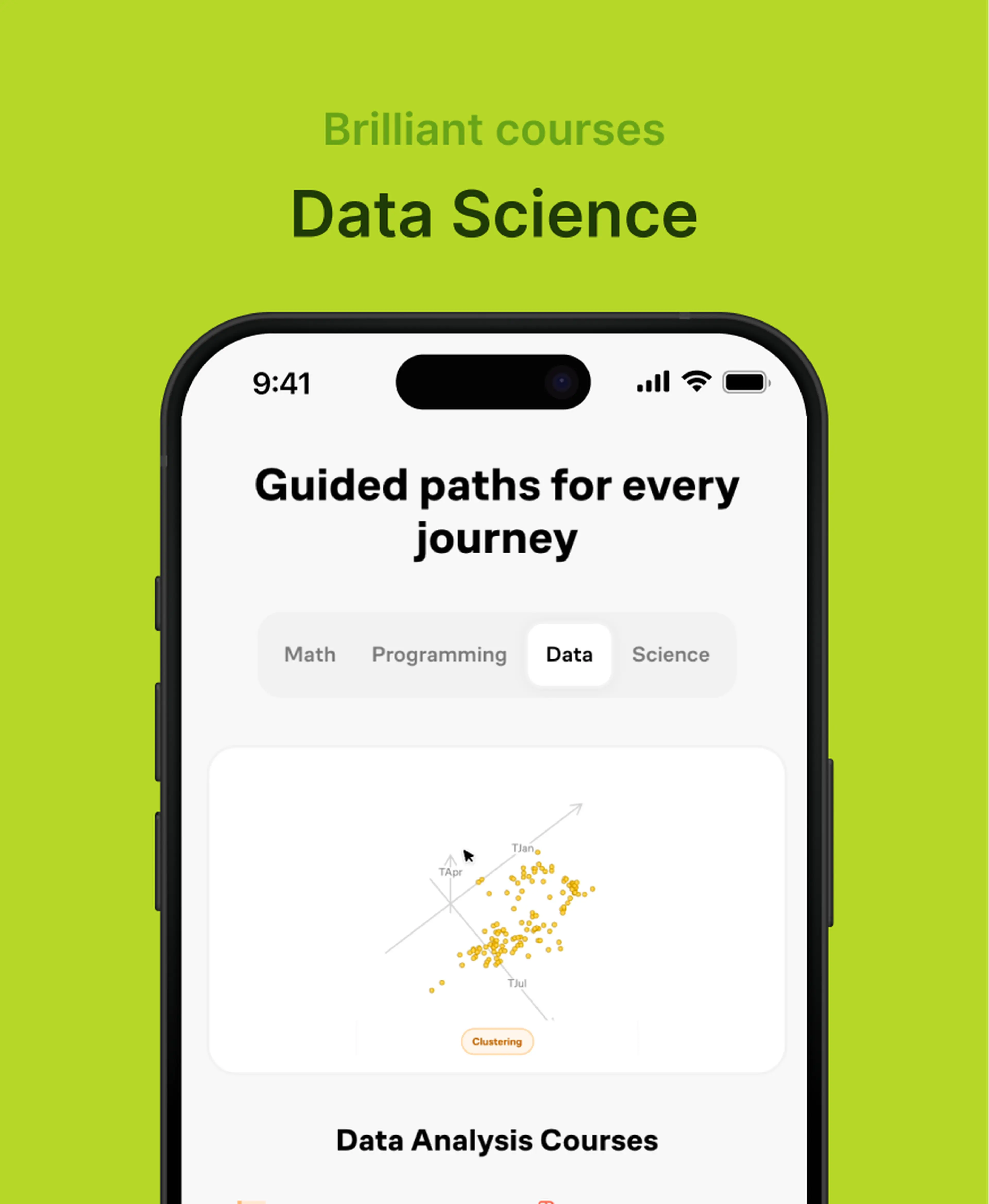 Brilliant app displayed on a smartphone against a lime green background, showing Data Science guided paths with a clustering scatterplot for Data Analysis Courses in this Brilliant review