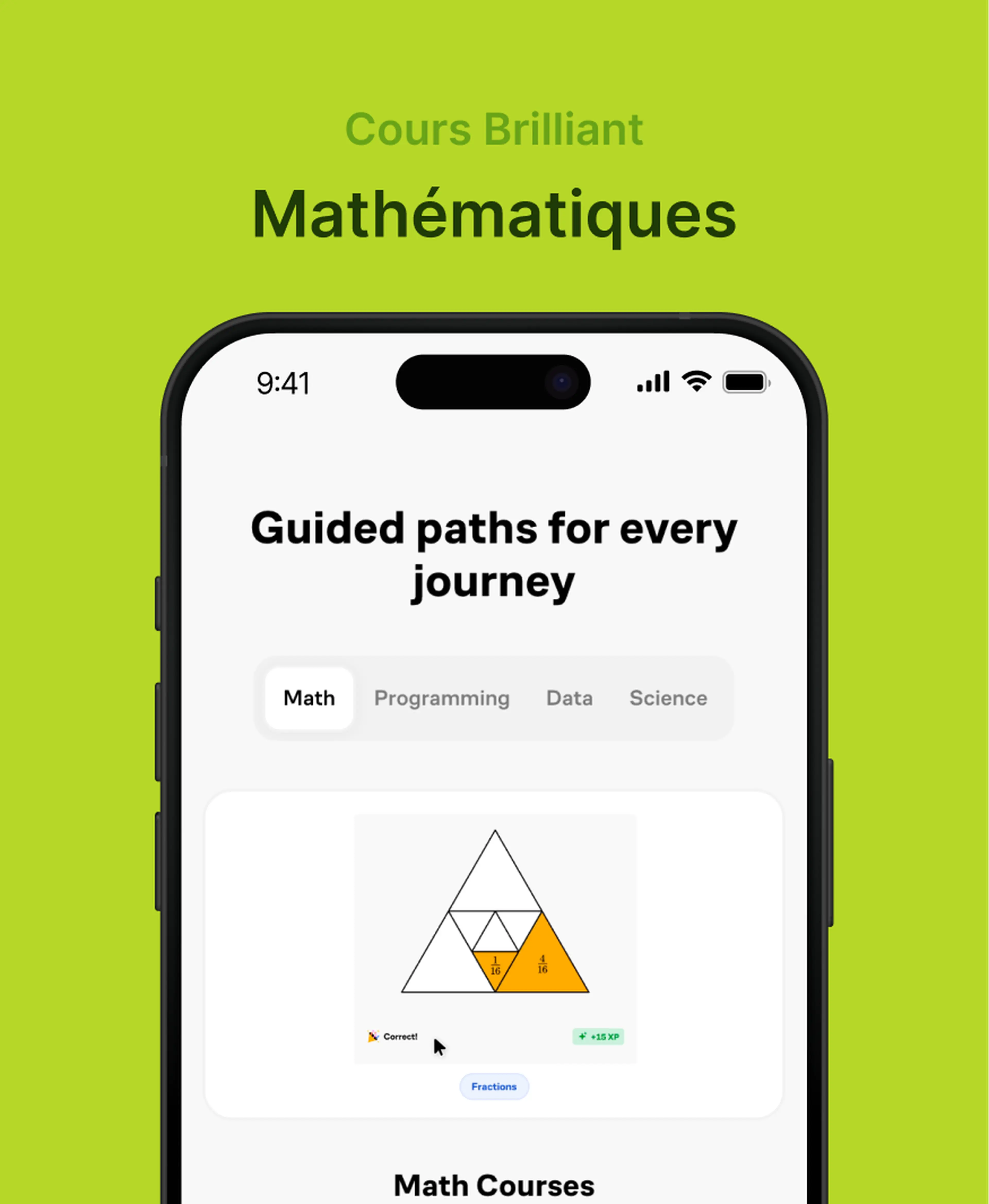 Smartphone affichant les cours de mathématiques de l'application Brilliant avec un exercice de fractions illustré par un triangle, permettant d'évaluer si Brilliant est vraiment utile