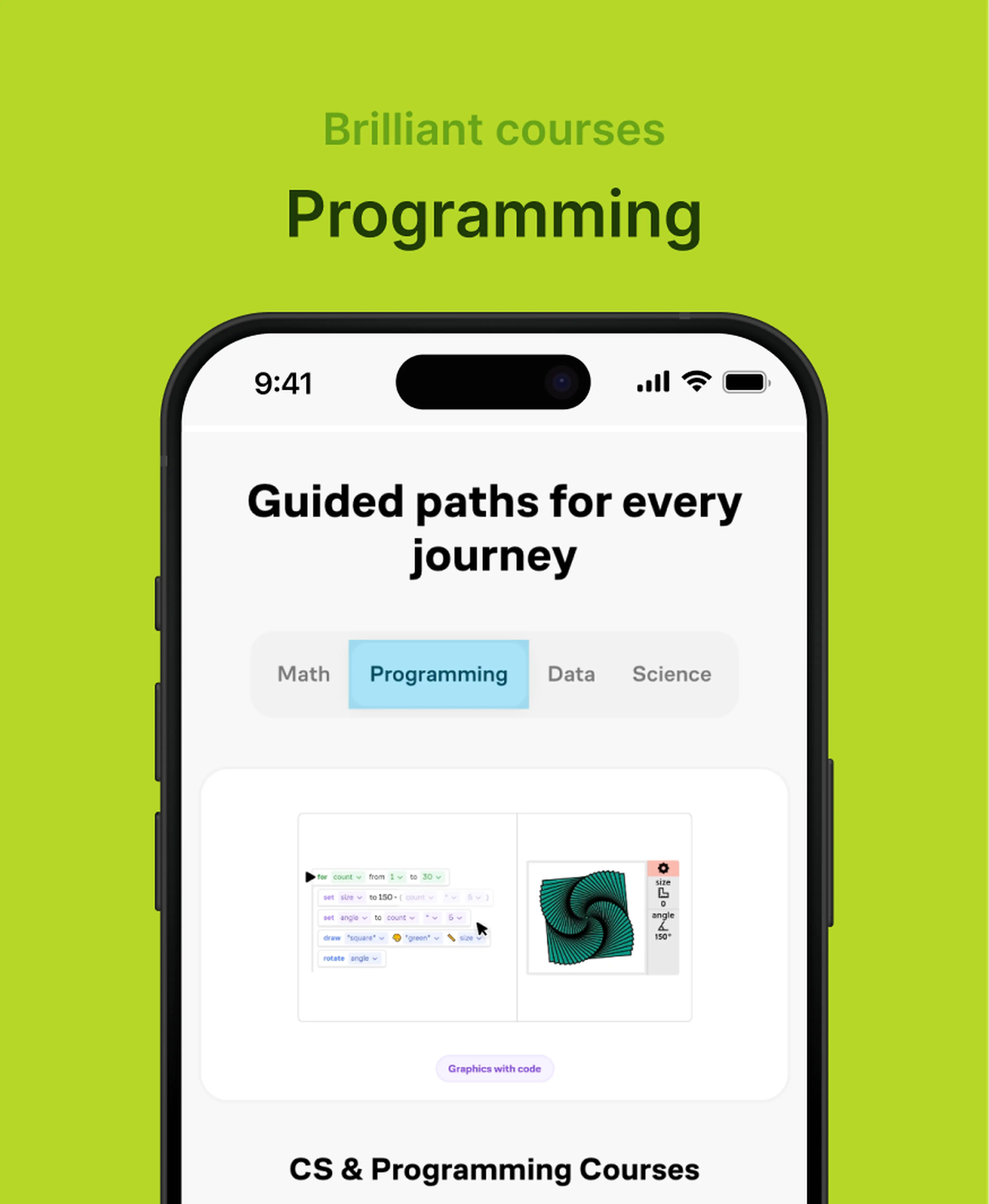 Brilliant app Programming courses screen on a smartphone showing guided learning paths and a graphics-with-code lesson, on a lime green background for a Brilliant review