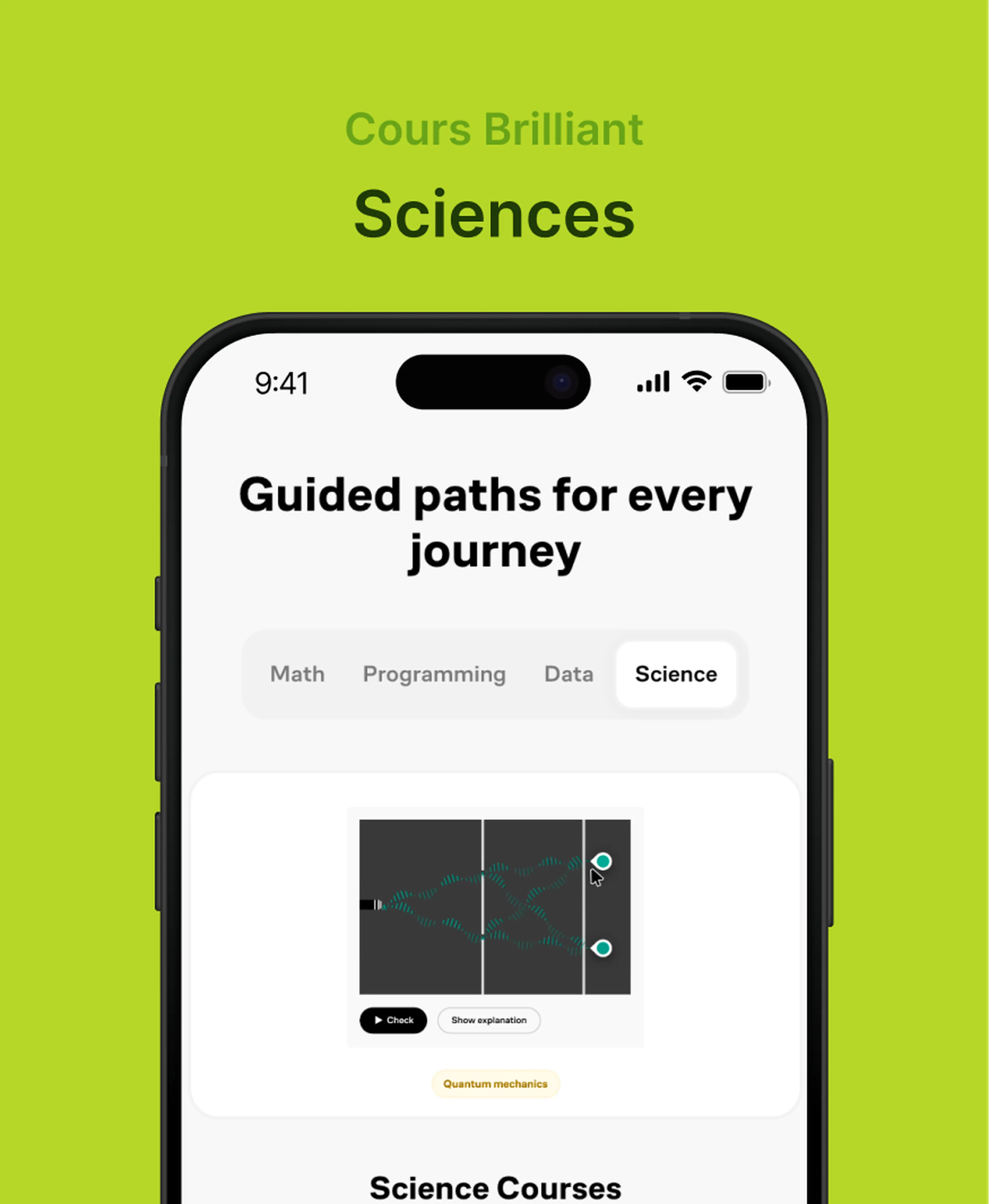 Application Brilliant présentant des parcours guidés de sciences avec un exercice interactif de mécanique quantique, illustrant si Brilliant vaut le coup sur fond vert