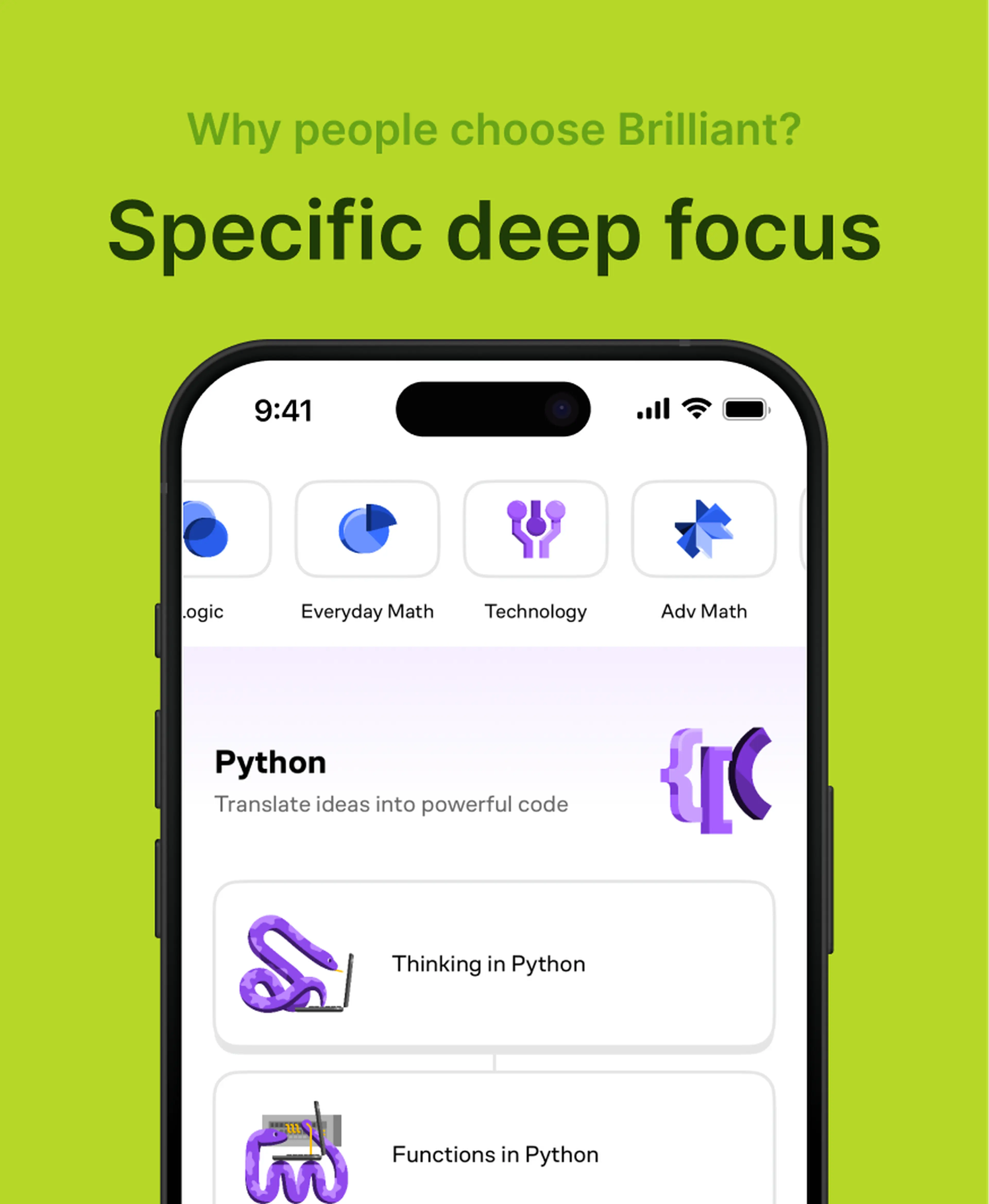 Brilliant app screen shown in a Nibble app vs Brilliant review, displaying Python coding courses with categories like Everyday Math, Technology, and Advanced Math on a green background