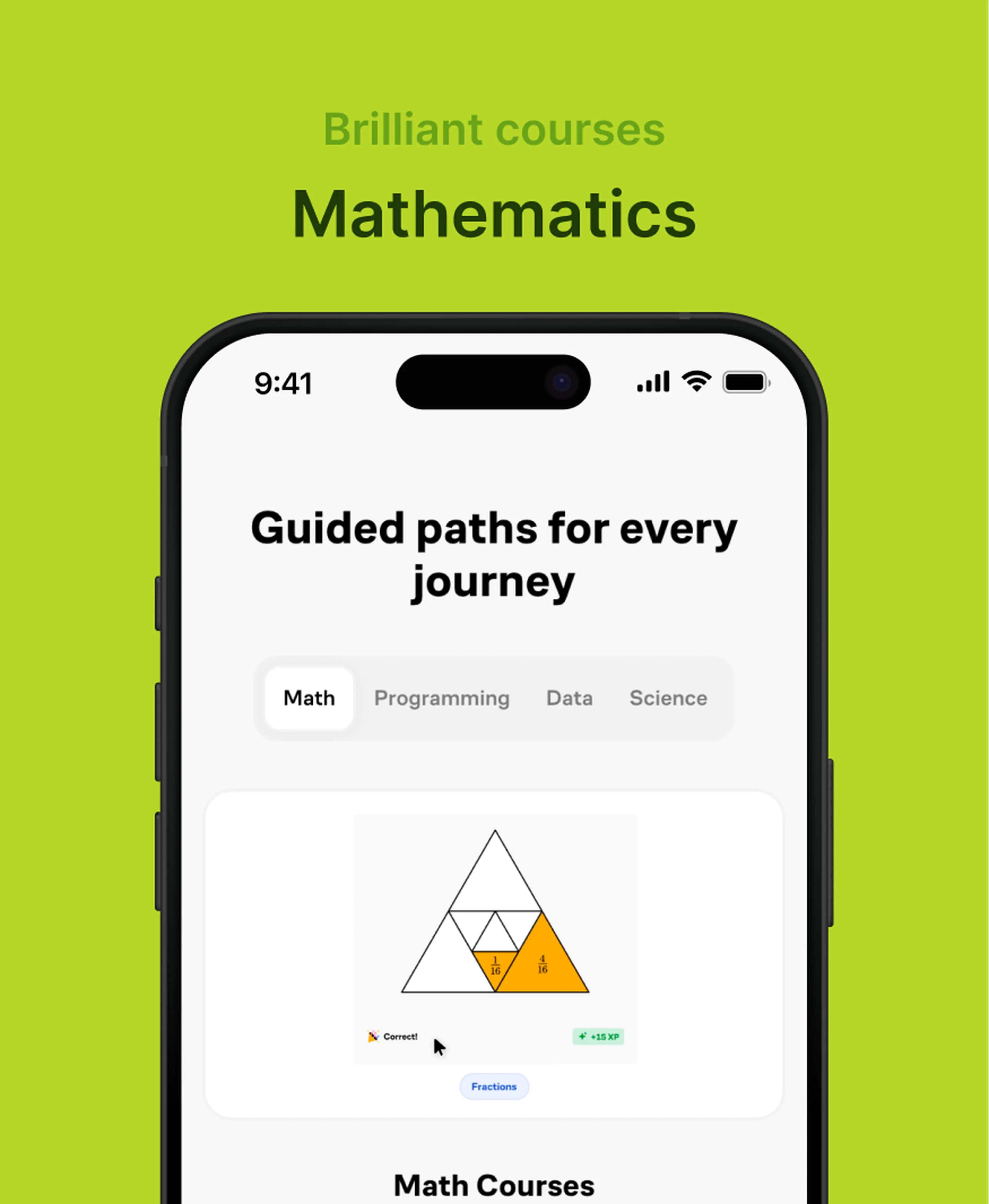 Brilliant app Mathematics course on a smartphone showing guided learning paths with a fractions triangle exercise, illustrating a brilliant review of whether it is worth it
