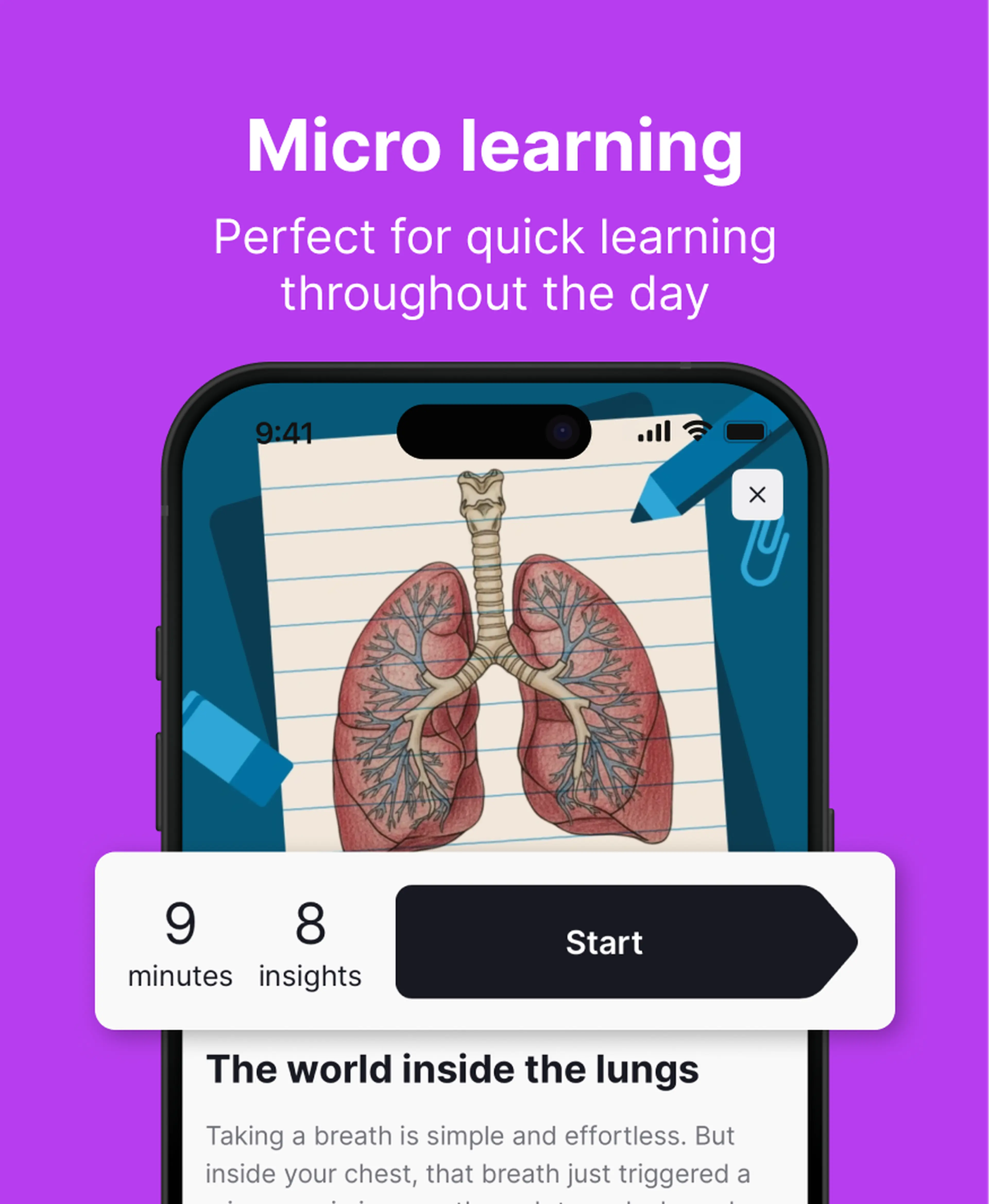 Nibble app micro learning screen on a smartphone showing a lung anatomy lesson with a 9-minute, 8-insight session and Start button on a purple background