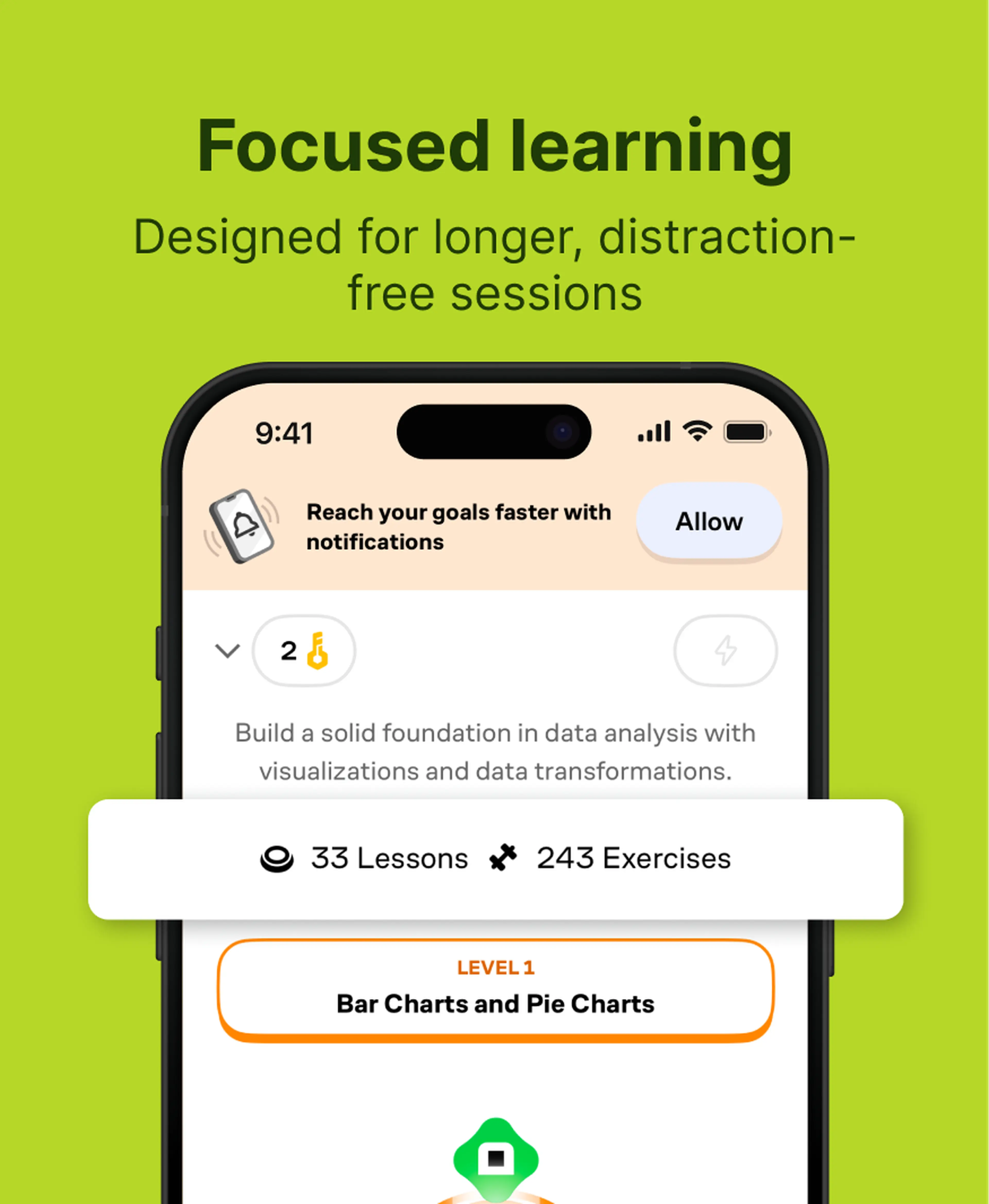 Nibble app screen on a green background showing a focused learning data analysis course with 33 lessons, 243 exercises, and Level 1 covering bar charts and pie charts