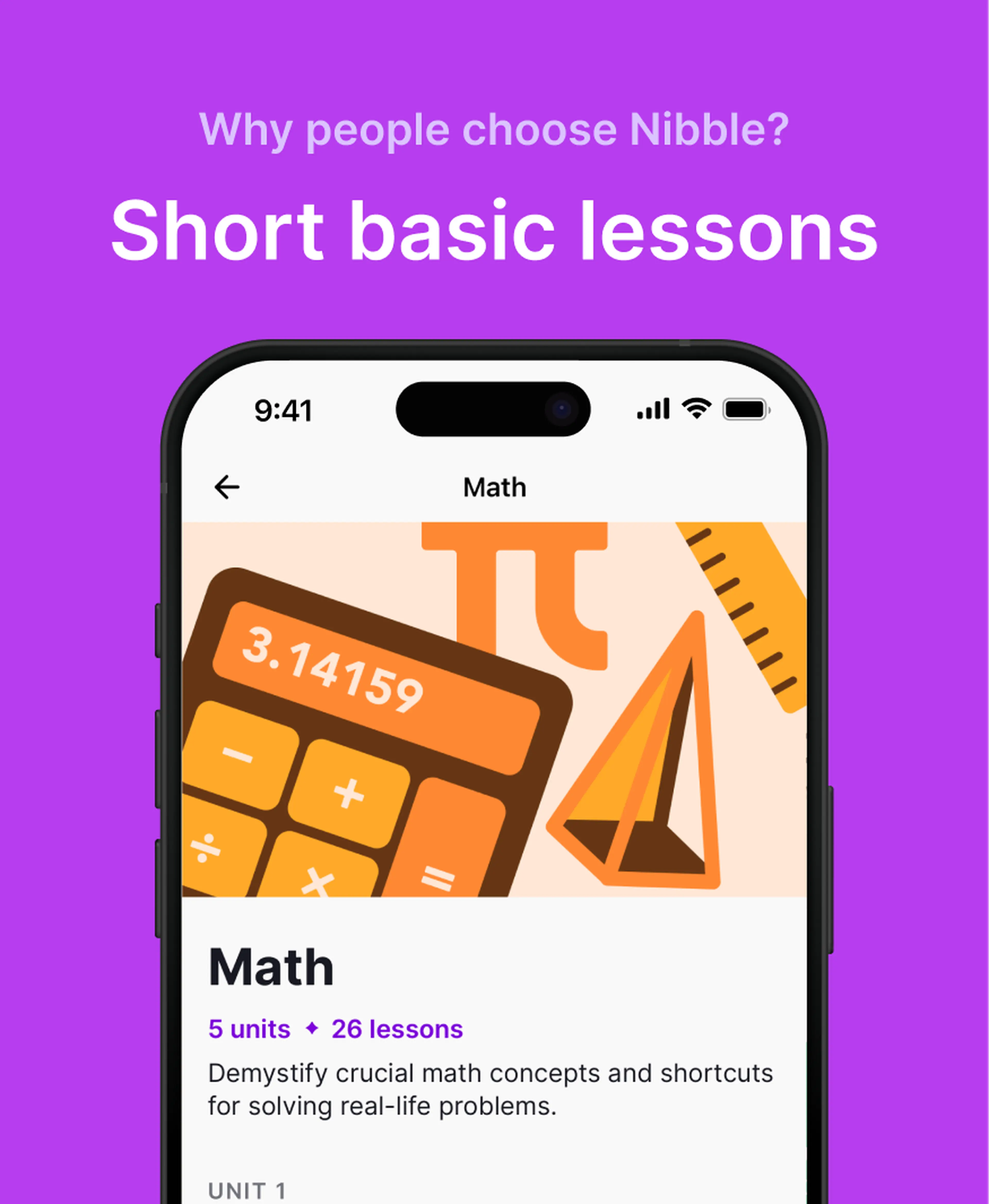 Nibble app Math course screen with orange calculator, pi symbol and ruler illustrations, showing 5 units and 26 lessons on short basic lessons, on a purple background