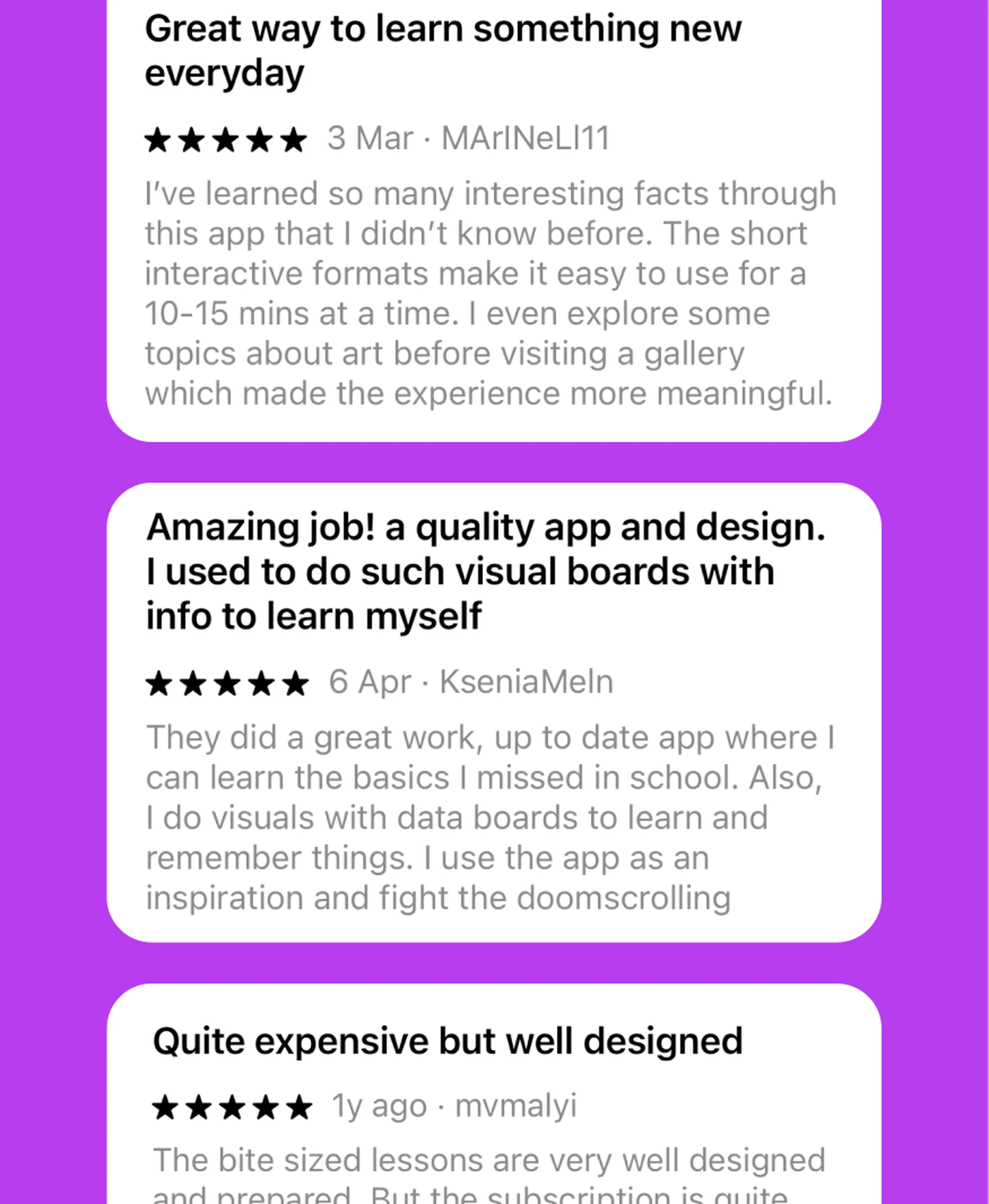 Positive five-star Nibble app reviews on a purple background praising its interactive daily lessons, learning design, and visual data boards for exploring new topics