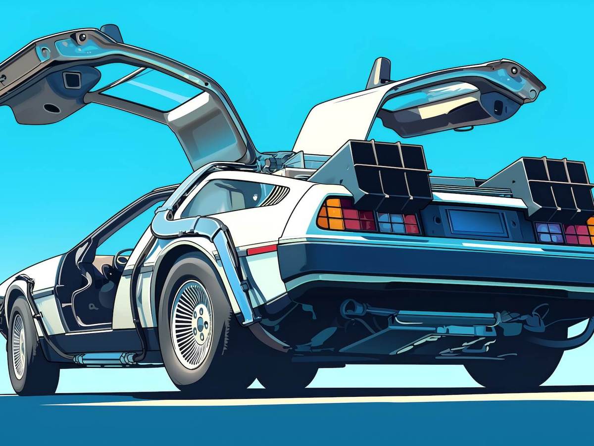 Illustration of a silver car with gull-wing doors open, set against a bright blue sky, resembling a time-traveling vehicle from pop culture.