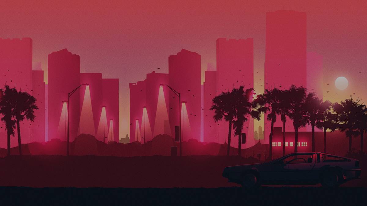 Retro-futuristic cityscape at sunset, with palm trees, buildings, glowing streetlights, and a classic car silhouetted in the foreground.