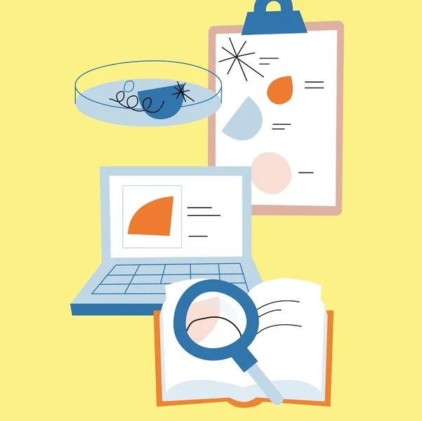 Illustration wissenschaftlicher Werkzeuge: eine Petrischale, ein Klemmbrett mit Grafiken, ein aufgeschlagenes Buch mit Lupe und ein Laptop auf gelbem Hintergrund.