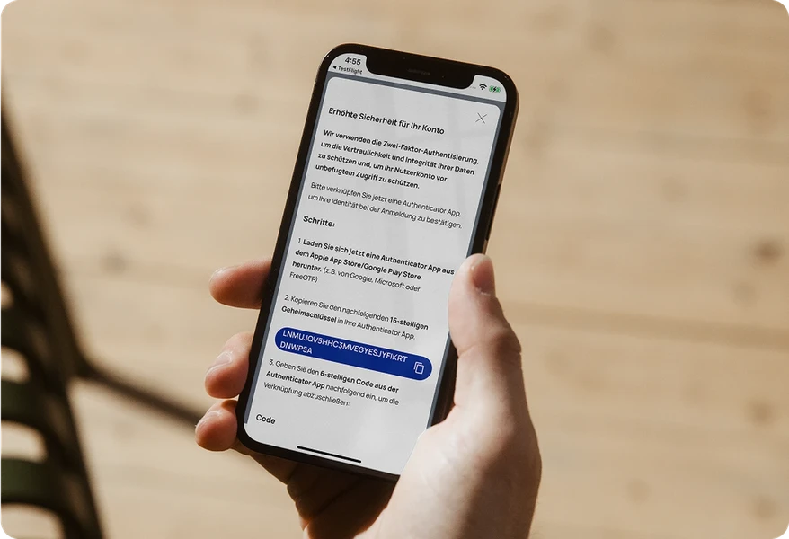 Screenshot der hiToco®-App mit dem Geheimschlüssel für die Authenticator-App