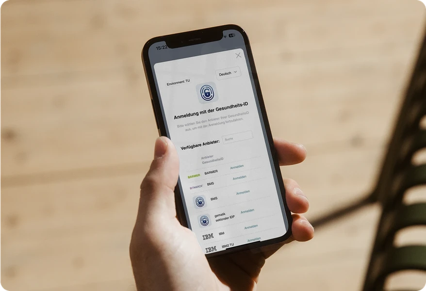 Screenshot der hiToco®-App mit der GesundheitsID-Auswahlliste der Krankenkassen