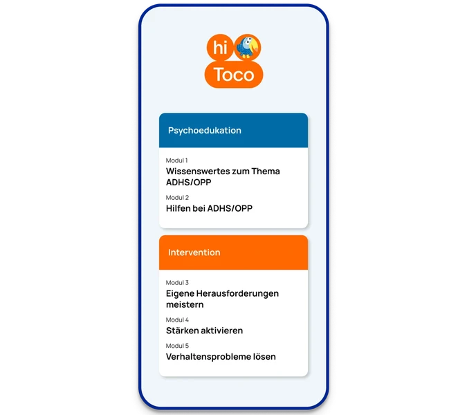 Screenshot der hiToco-App, der verschiedene Module zeigt.