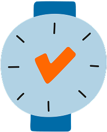 Illustration: Blaue Armbanduhr mit schwarzen Stundenmarkierungen und orangenen Zeigern