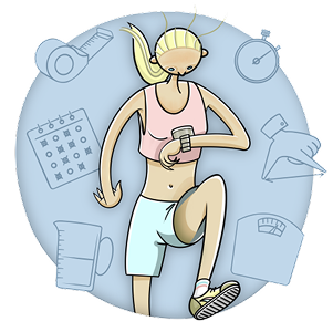 Cartoon-Frau in Trainingsoutfit, die ihre Smartwatch überprüft, umgeben von Fitness-Symbolen wie Stoppuhr, Kalender und Maßband.