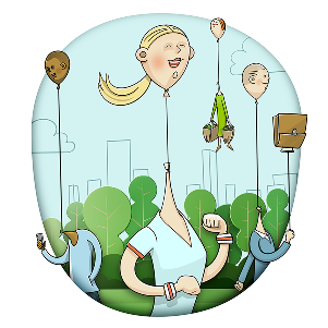Illustration: Menschen, die mit Ballonköpfen in einem Park spazieren, die verschiedene Aktivitäten und Gesichtsausdrücke vor einer Stadtkulisse zeigen.