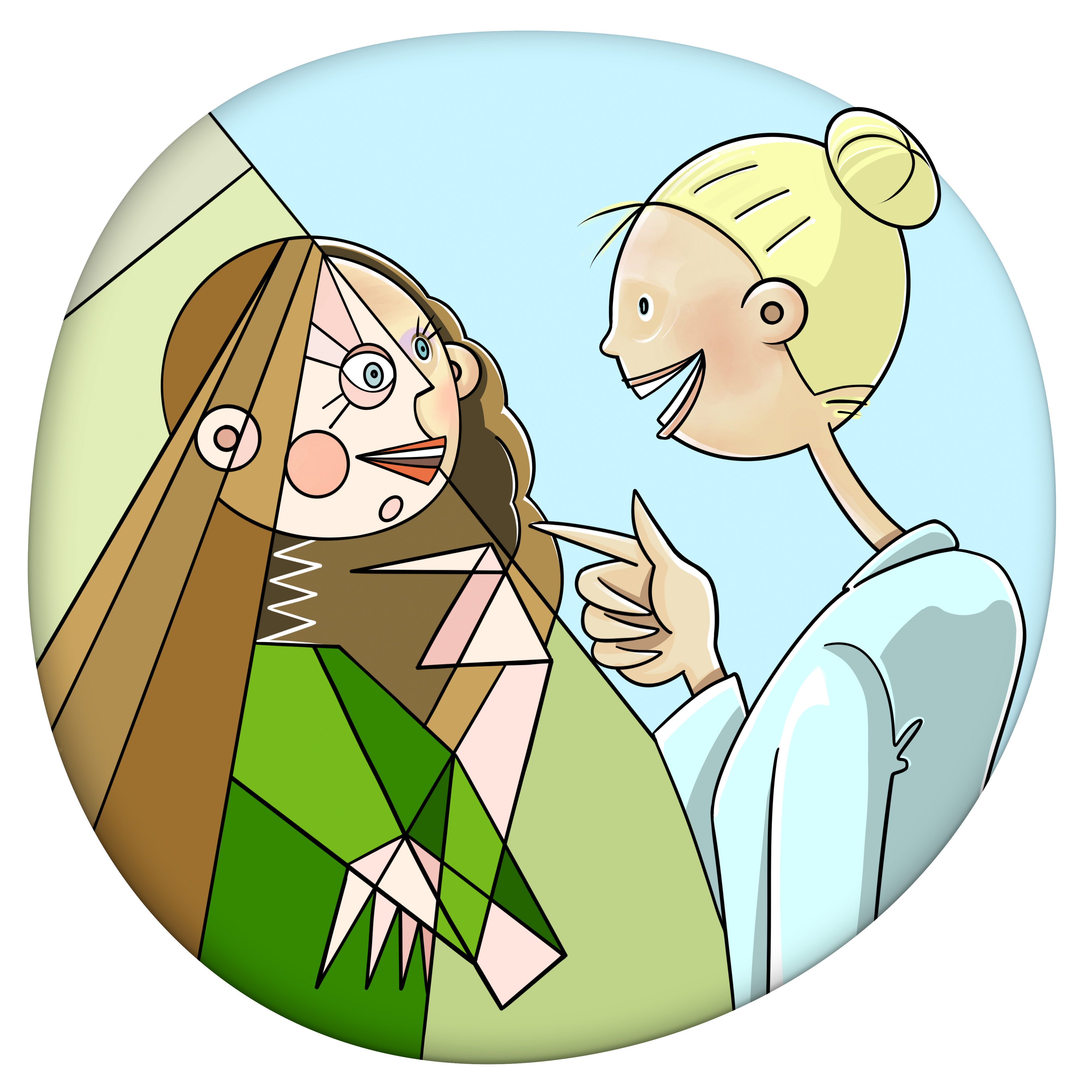 Zwei Figuren, die sprechen, eine mit langen braunen Haaren in Grün, die andere mit blonden Haaren zu einem Dutt gebunden, trägt ein weißes Hemd, beide lächeln.