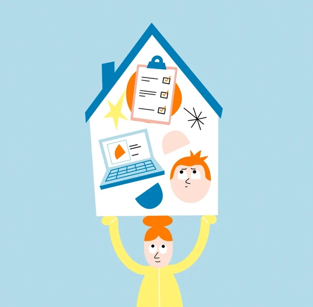 Illustration einer Person, die ein Haus hält, das mit einem Laptop, einer Checkliste und abstrakten Formen gefüllt ist, was Aspekte des Arbeitens von zu Hause symbolisiert.