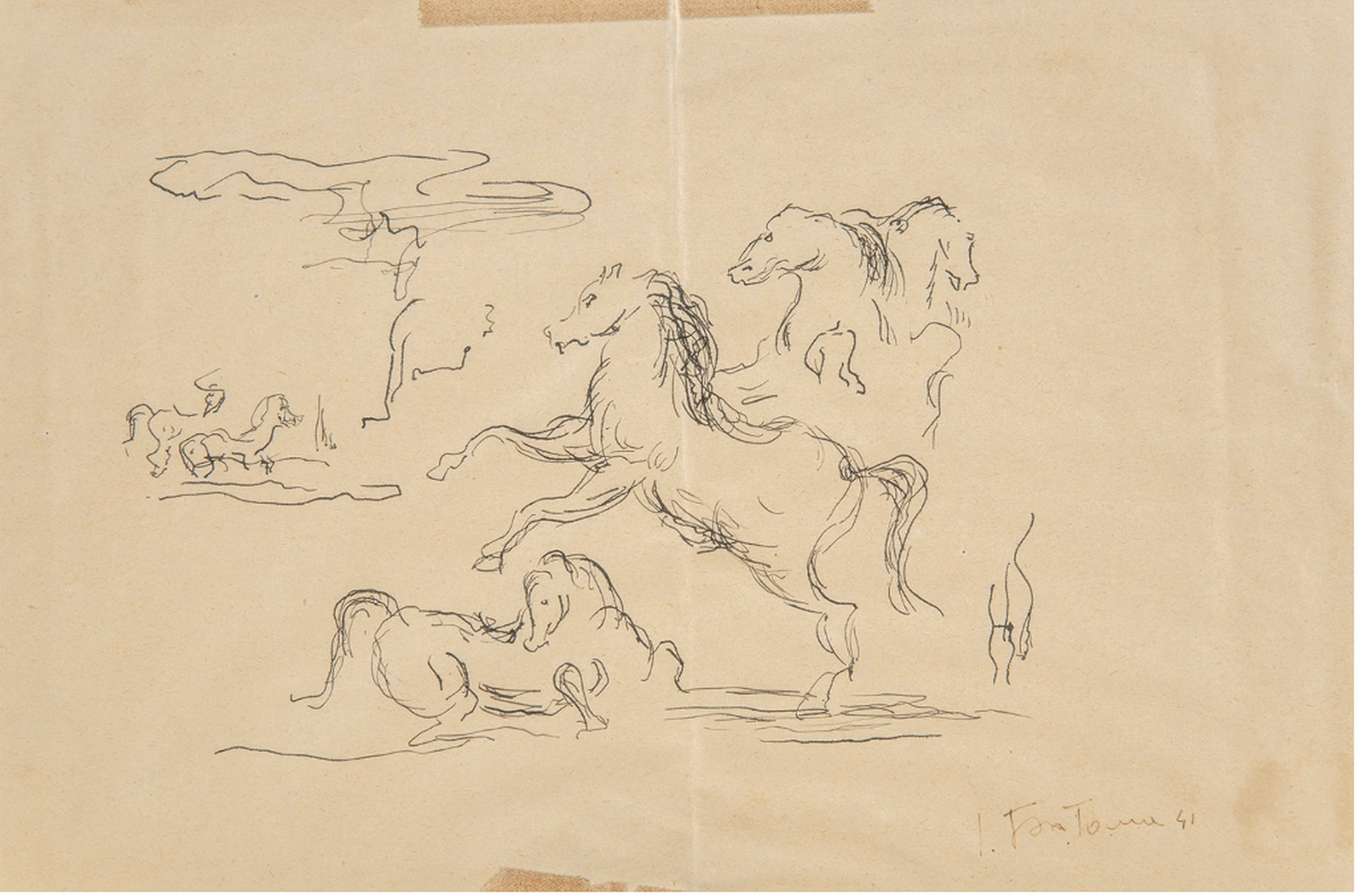 Lucio Fontana ink drawing of rearing and reclining horses in loose gestural line, signed and dated 1941