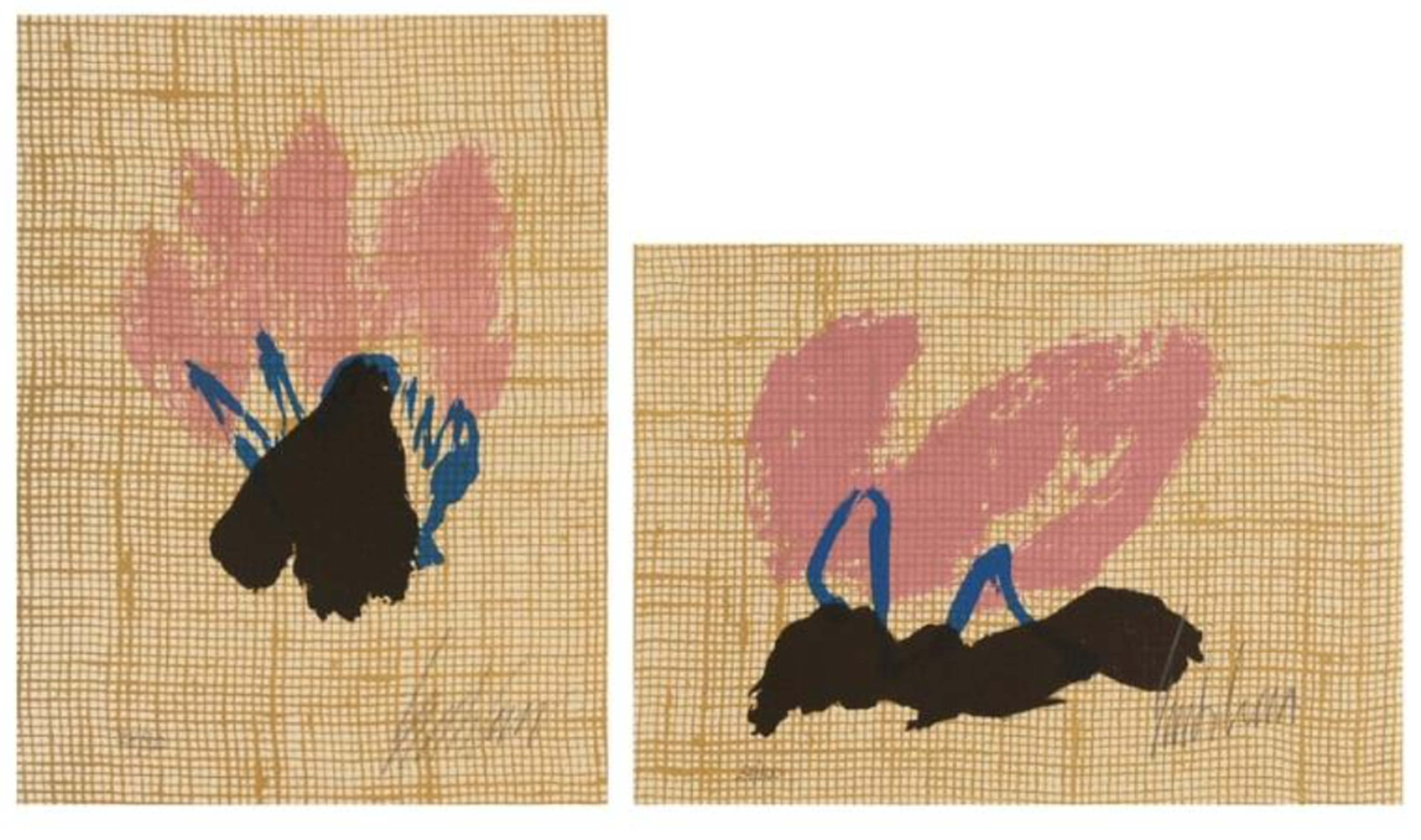 Two abstract works on gold grid paper with pink, black, and blue gestural brushstrokes, signed by the artist