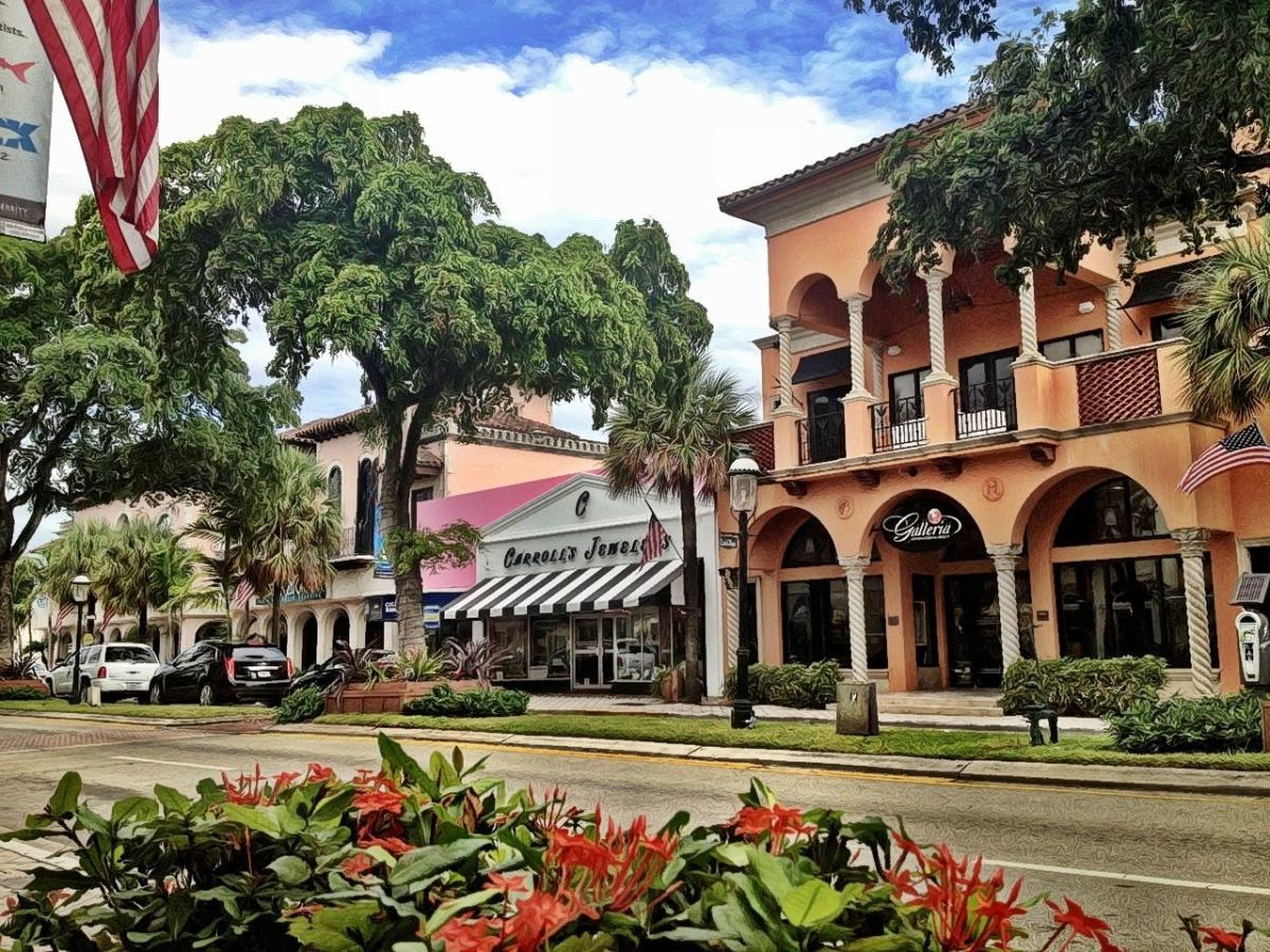 Charming street with colorful shops, trees, and parked cars; American flag visible, with flowers in the foreground.