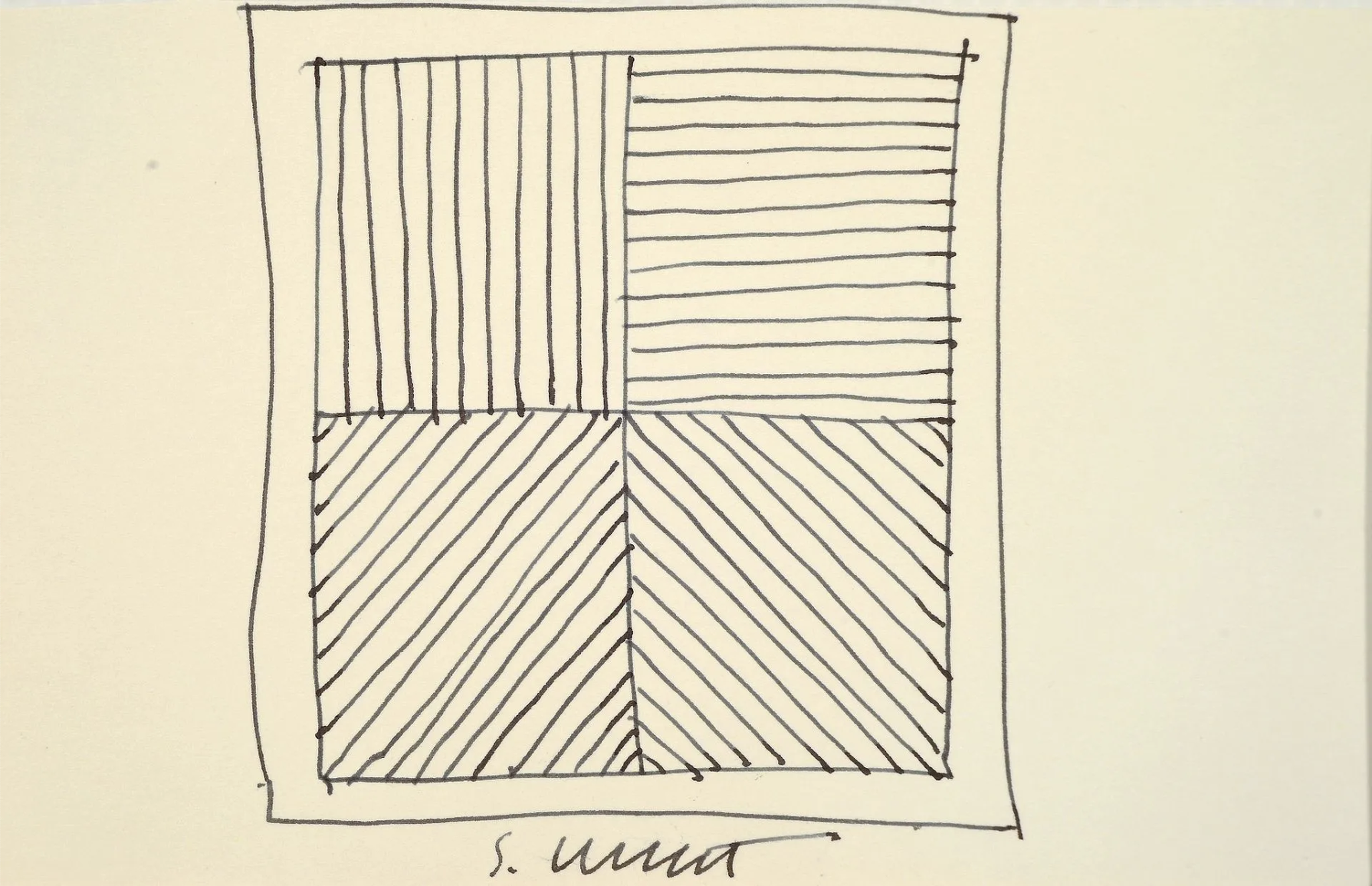 Sol LeWitt ink drawing of a square divided into four quadrants with vertical, horizontal, and diagonal line directions, signed below
