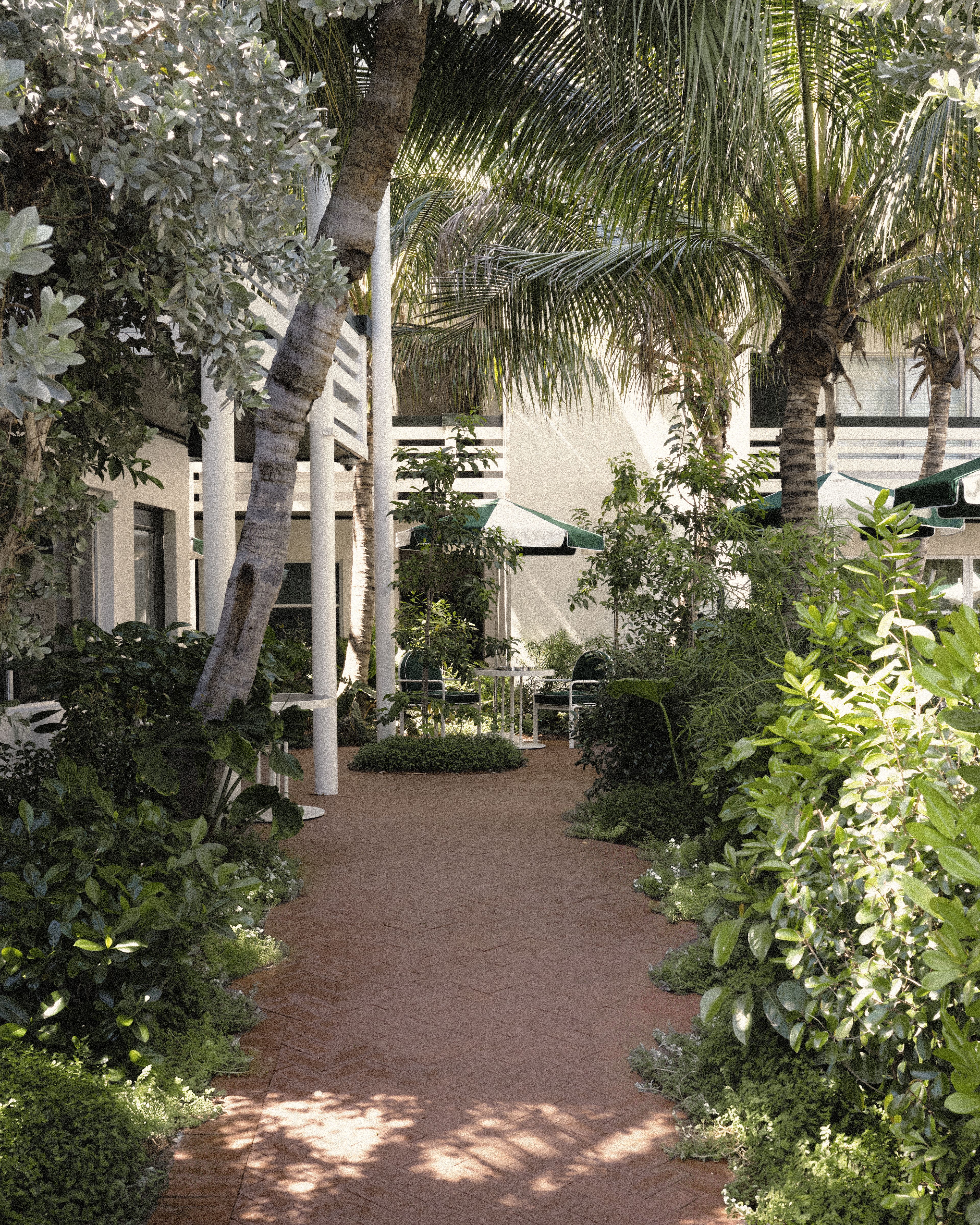 Garden pathway winding through lush tropical landscaping toward the courtyard at Perroquet Hotel in Fort Lauderdale.
