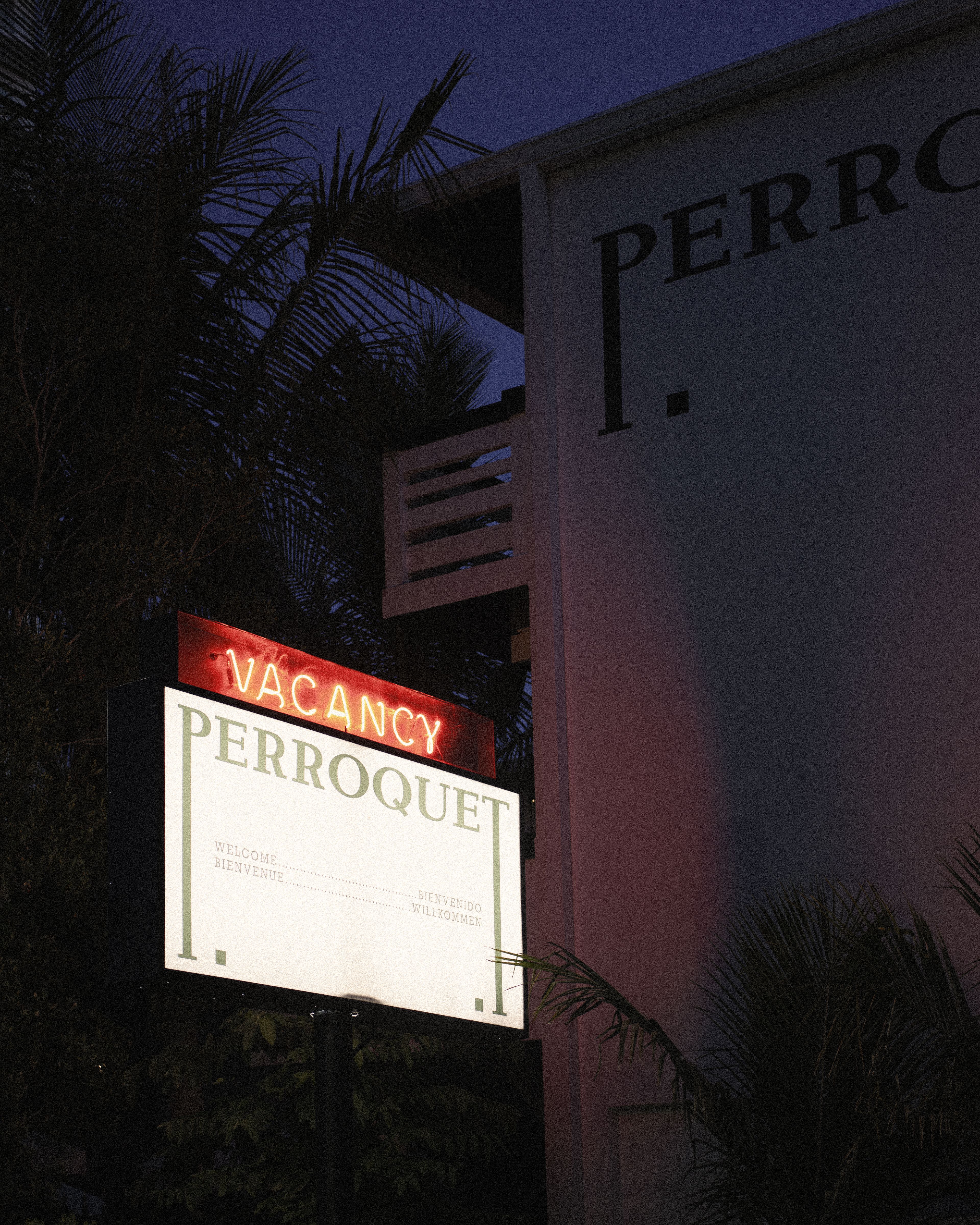 Twilight view of the illuminated Perroquet sign angled beside the hotel building, with the painted "Perroquet" wordmark visible above.