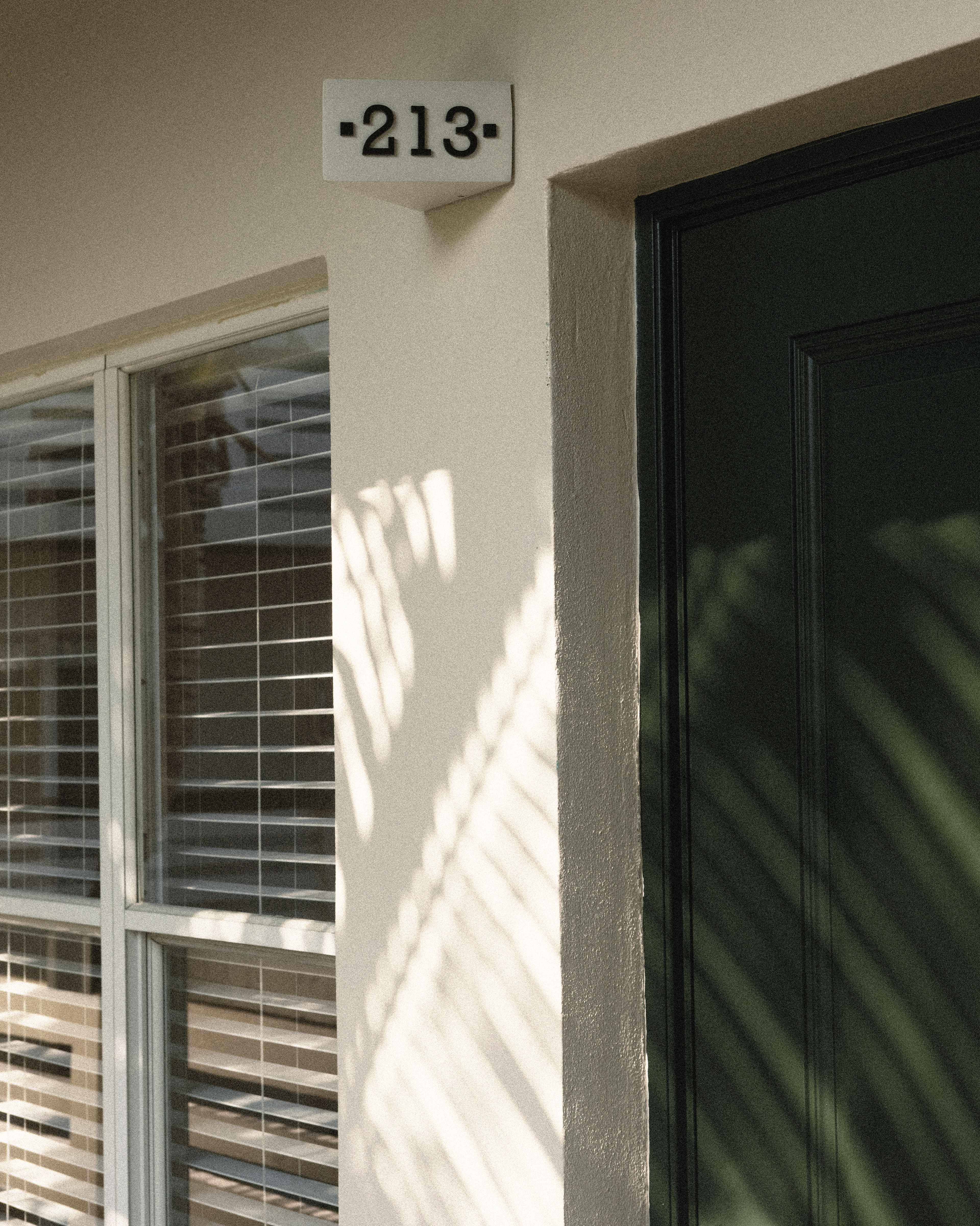 Exterior view of room 213's door number plaque mounted on a stucco wall beside a dark green door and a shuttered window, with palm shadows cast across the corner.