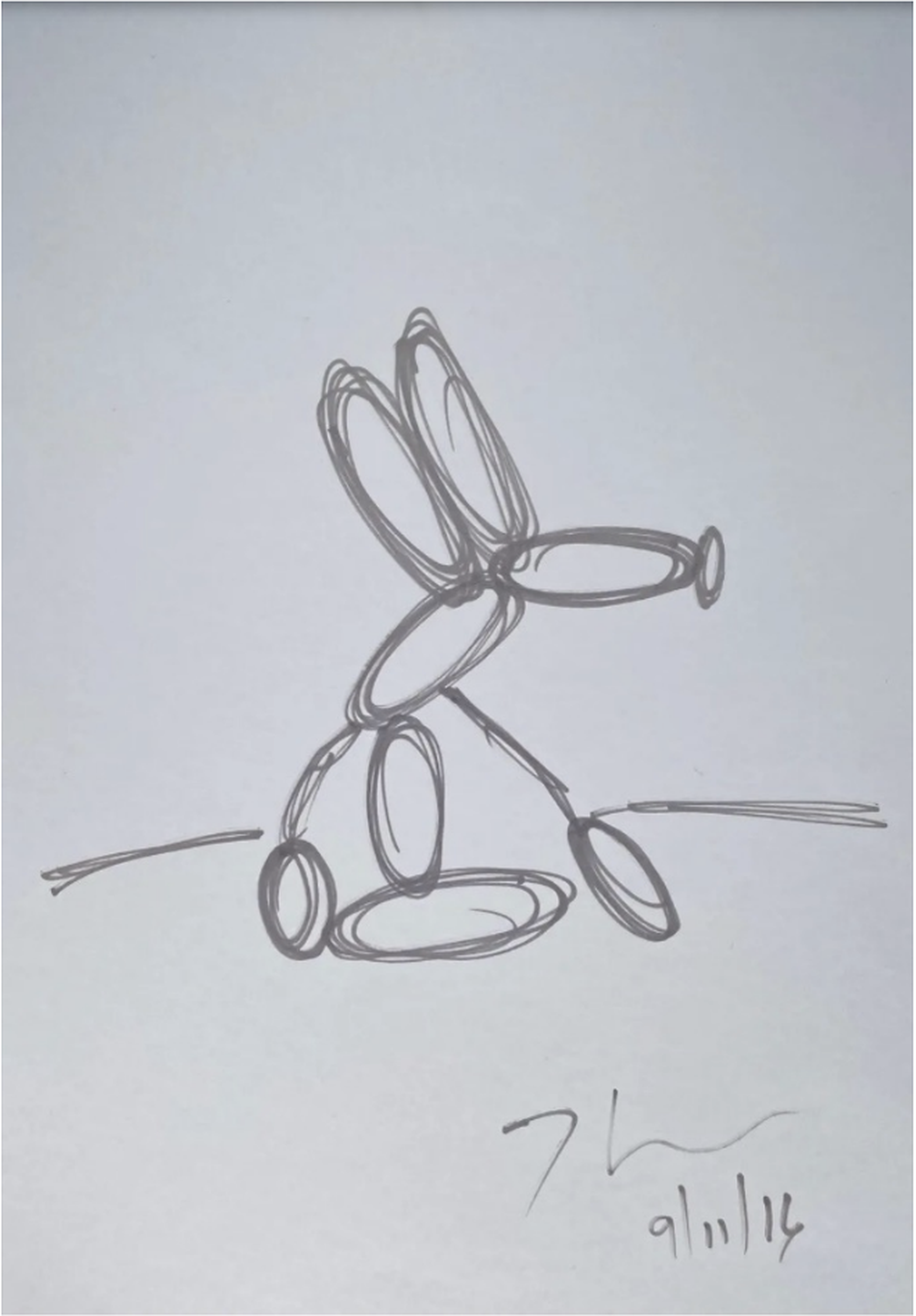 Jeff Koons hand-drawn sketch of Balloon Dog sculpture in graphite, signed and dated 9/11/14