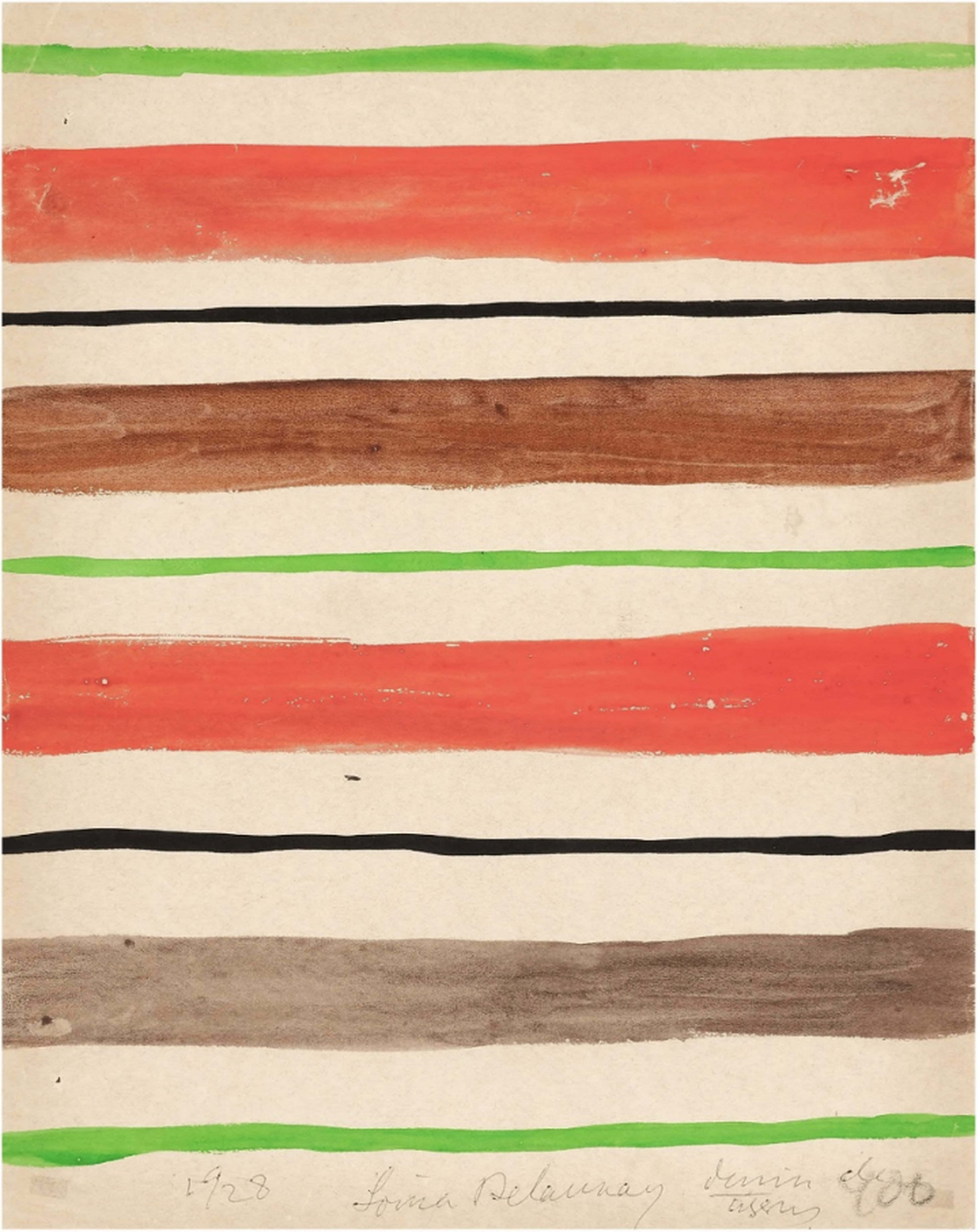 Sonia Delaunay abstract gouache study of horizontal bands in red, brown, black, and green on cream paper, signed and numbered 1/28