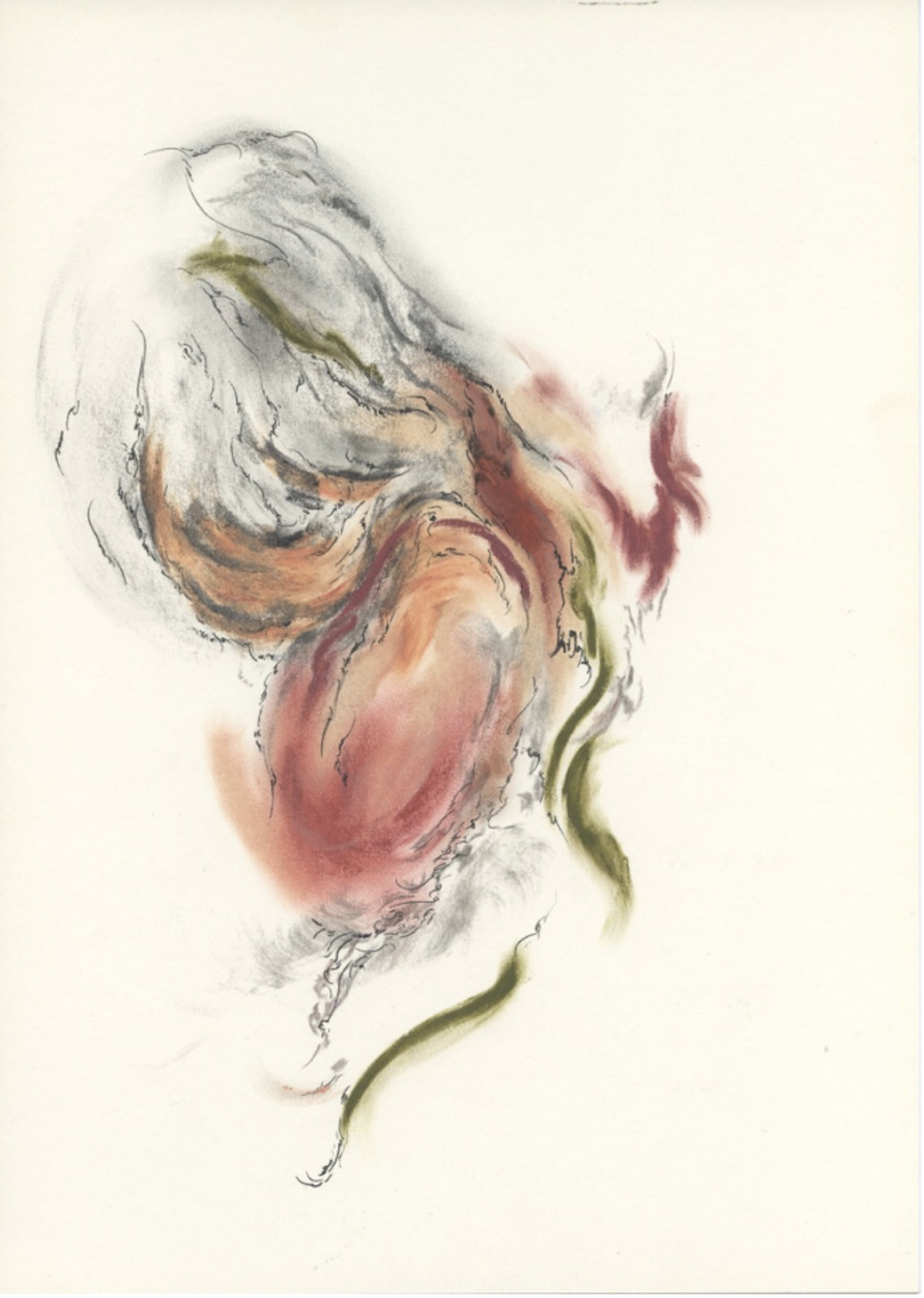 Monia Ben Hamouda abstract work with layered watercolor forms in gray, orange, rose, and olive green with serpentine ink line on cream paper