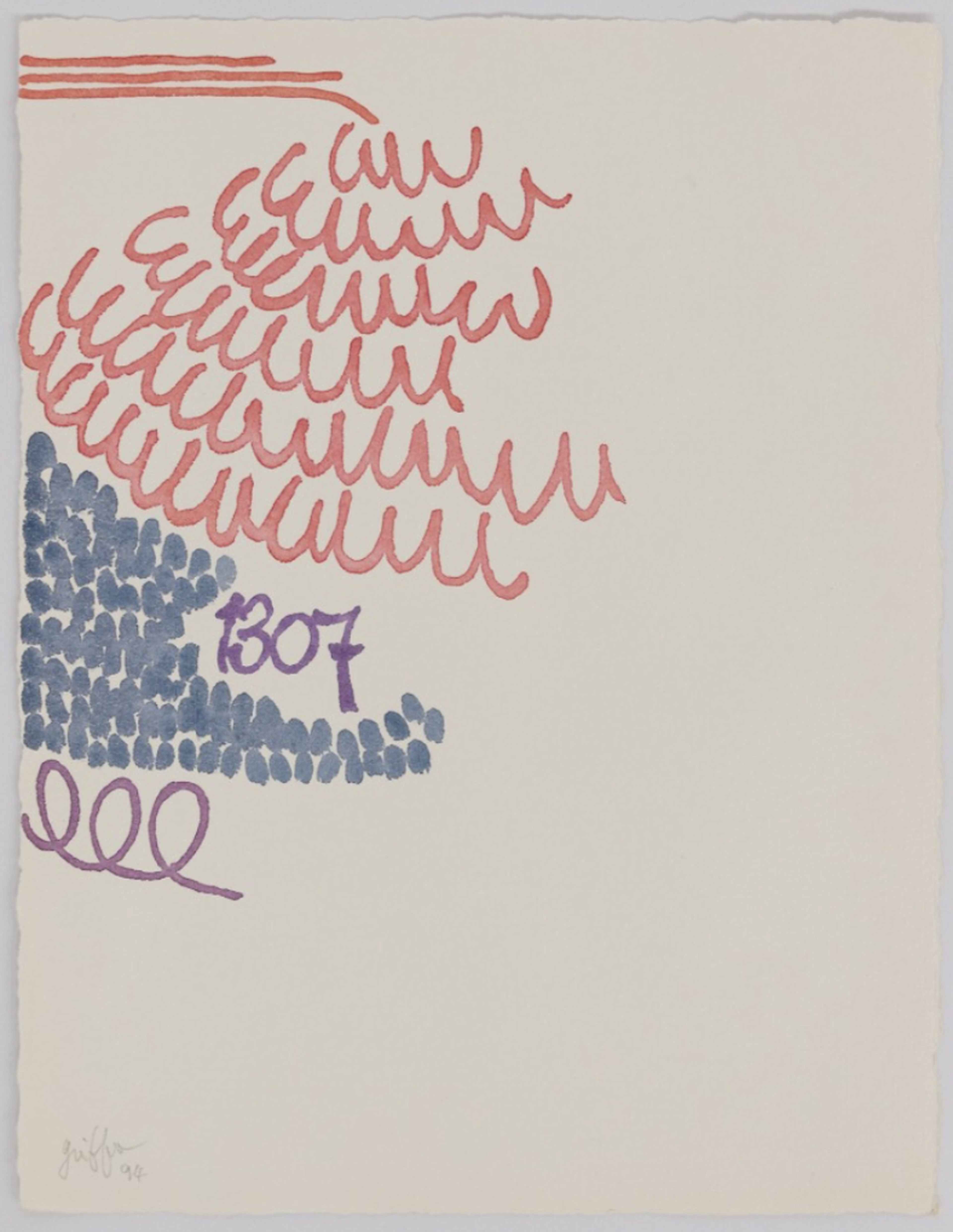 Giorgio Griffa watercolor on paper with coral cursive loops, blue stippled field, purple numeral "1307," and violet spirals, signed and dated 1999