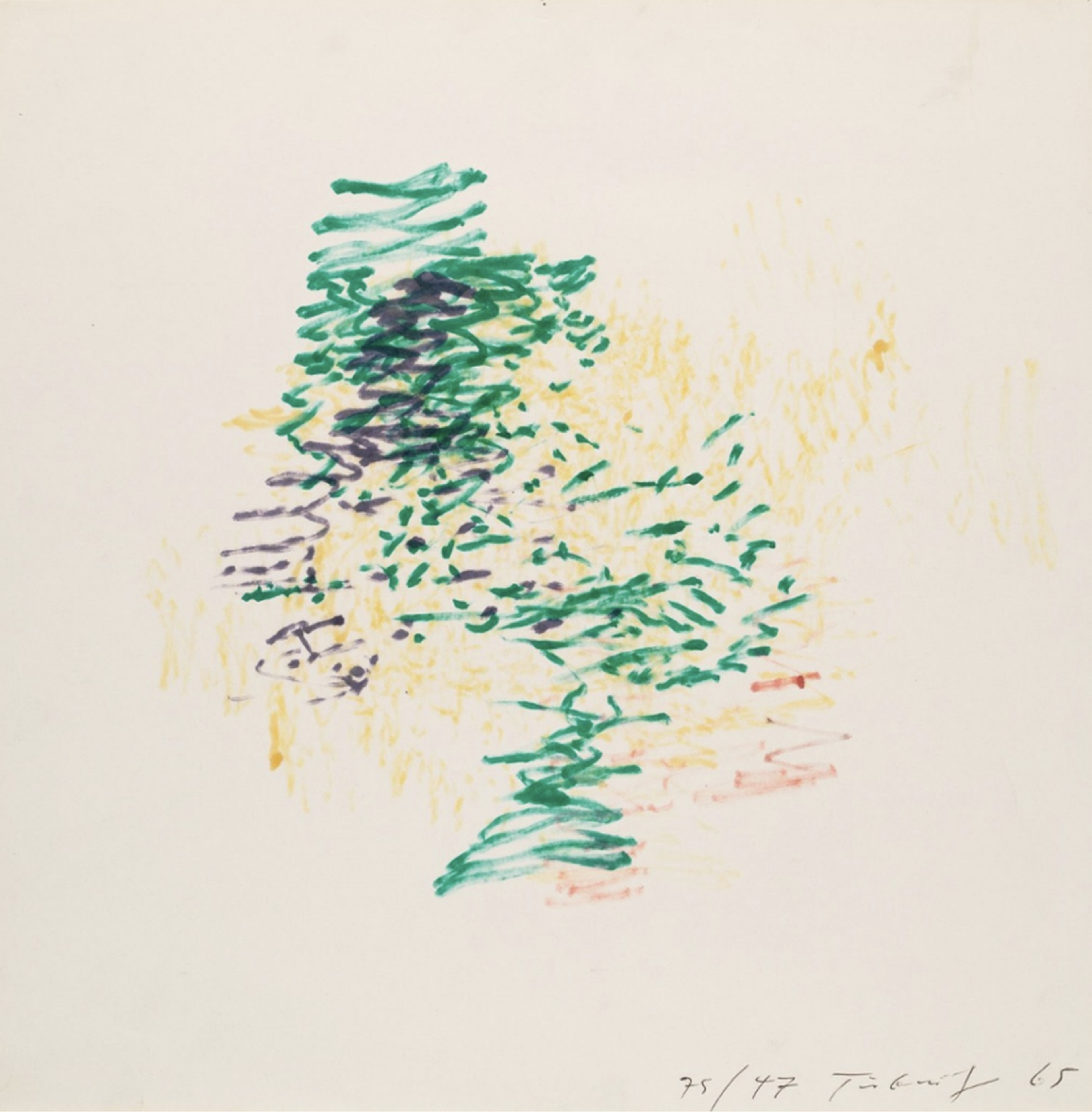 Jean Tinguely abstract drawing with dense zigzag strokes in green, yellow, purple, and red on cream paper, numbered 75/47 and dated 1965