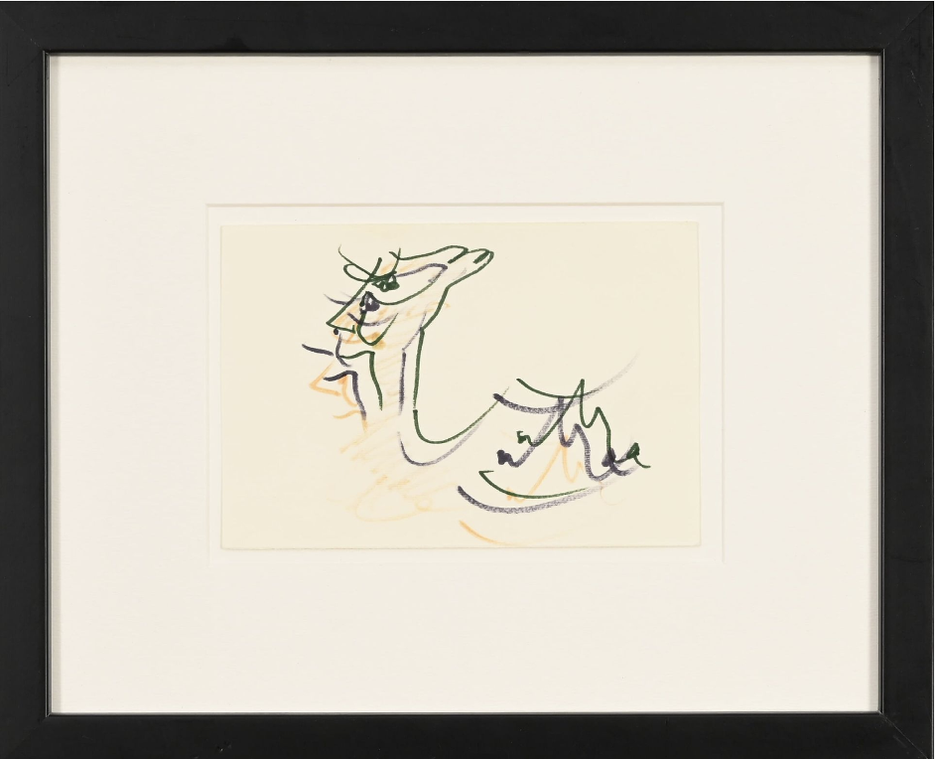 Roberto Matta framed drawing of an abstract profile figure in green, purple, and orange marker on cream paper, in black frame with white mat
