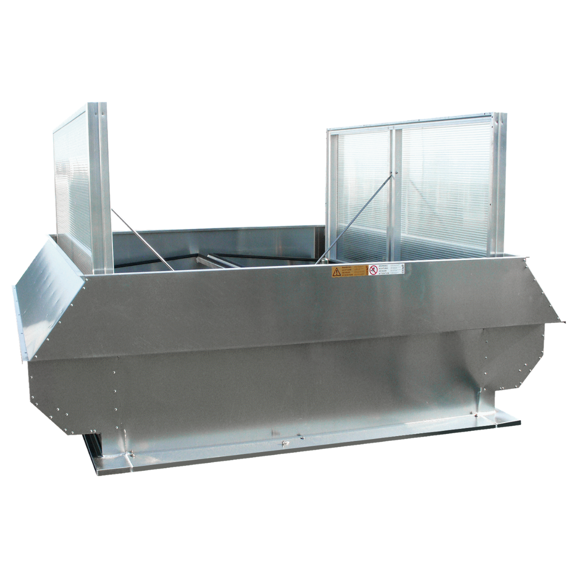 Steel rooftop ventilation unit with two vertical panels and a wide base, designed for industrial airflow management.