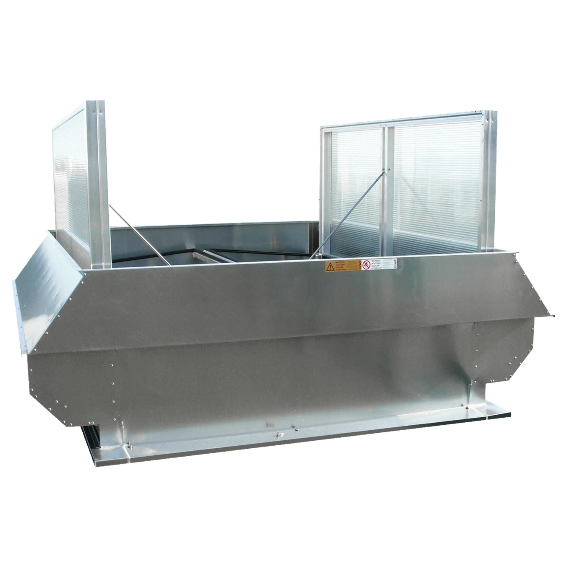 Steel rooftop ventilation unit with two vertical panels and a wide base, designed for industrial airflow management.