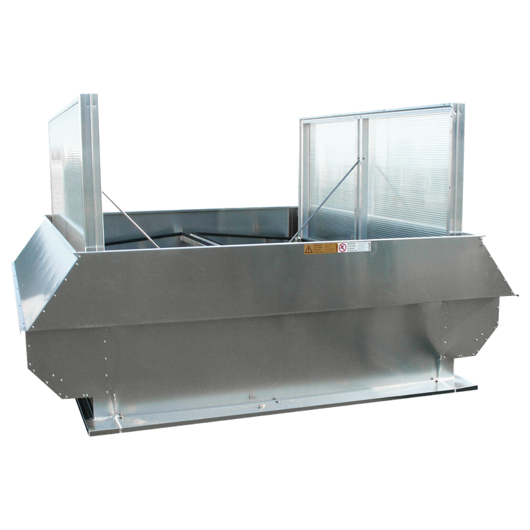Steel rooftop ventilation unit with two vertical panels and a wide base, designed for industrial airflow management.