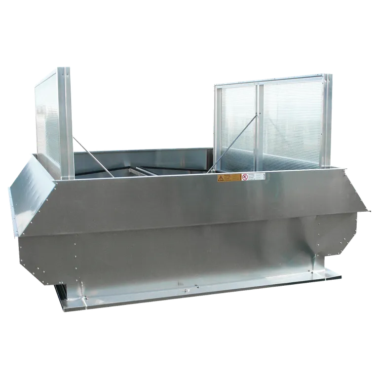 Steel rooftop ventilation unit with two vertical panels and a wide base, designed for industrial airflow management.