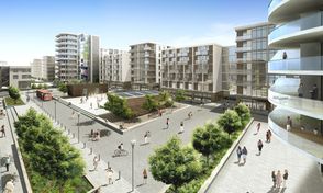 Modern urban development with multi-story buildings, balconies, greenery, and people walking and cycling in a spacious courtyard under a clear blue sky.