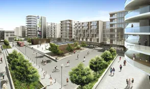 Modern urban development with multi-story buildings, balconies, greenery, and people walking and cycling in a spacious courtyard under a clear blue sky.