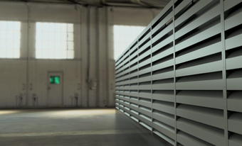Interior of an industrial warehouse with large metal louvered panels on the right and bright windows in the background.