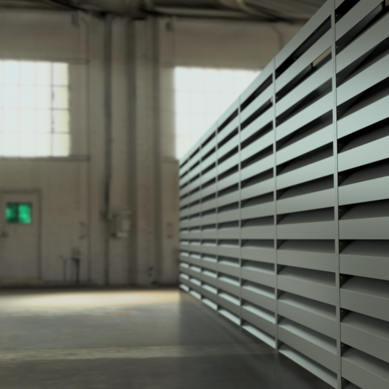 Interior of an industrial warehouse with large metal louvered panels on the right and bright windows in the background.