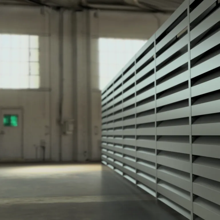 Interior of an industrial warehouse with large metal louvered panels on the right and bright windows in the background.