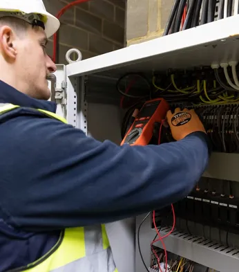 An electrician in a safety vest and helmet uses a multimeter to check wires inside an electrical panel.