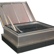 Open metal roof hatch with hydraulic arm, showing transparent top and rectangular frame, set against a plain background.