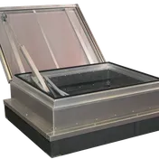 Open metal roof hatch with hydraulic arm, showing transparent top and rectangular frame, set against a plain background.