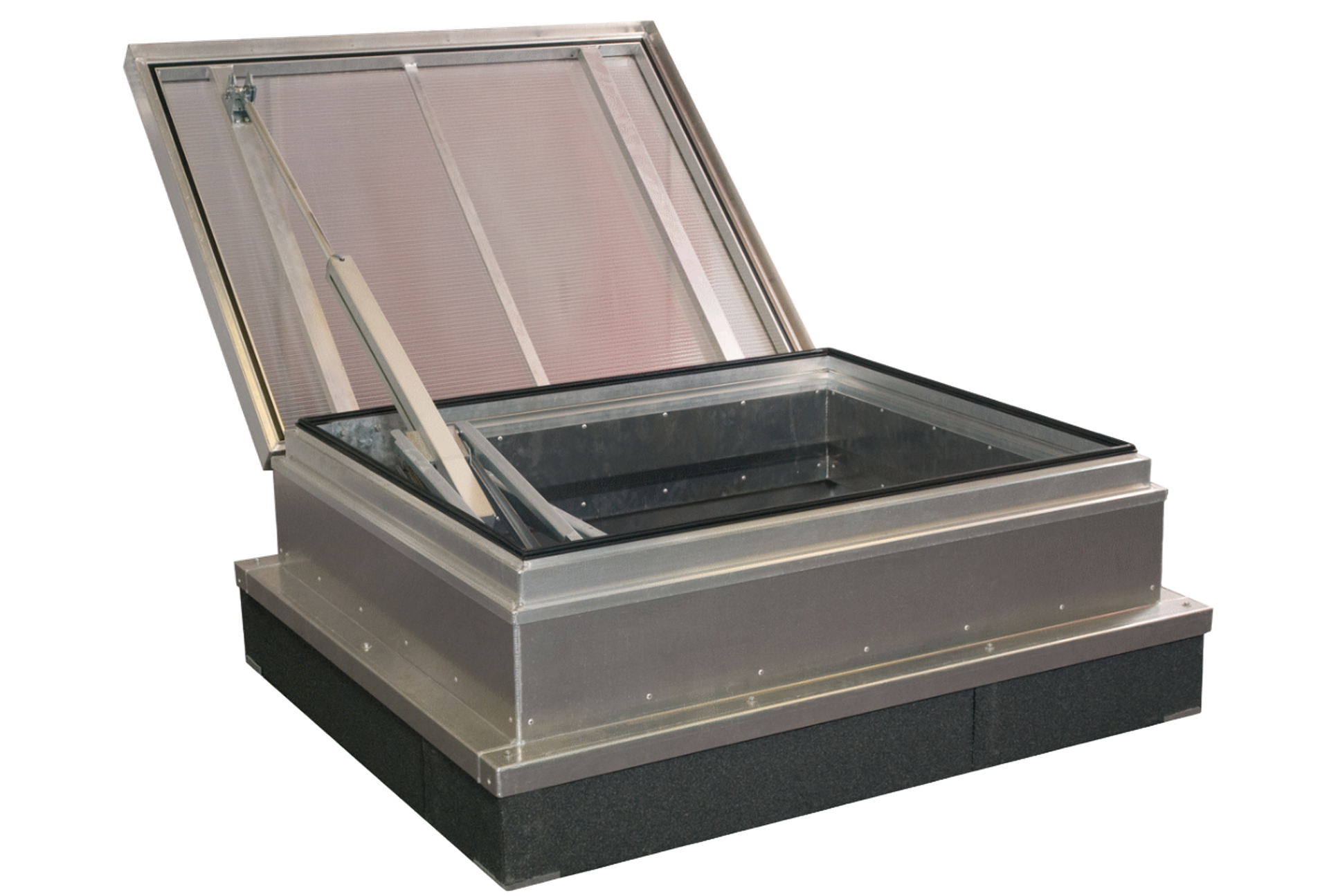 Open metal roof hatch with hydraulic arm, showing transparent top and rectangular frame, set against a plain background.
